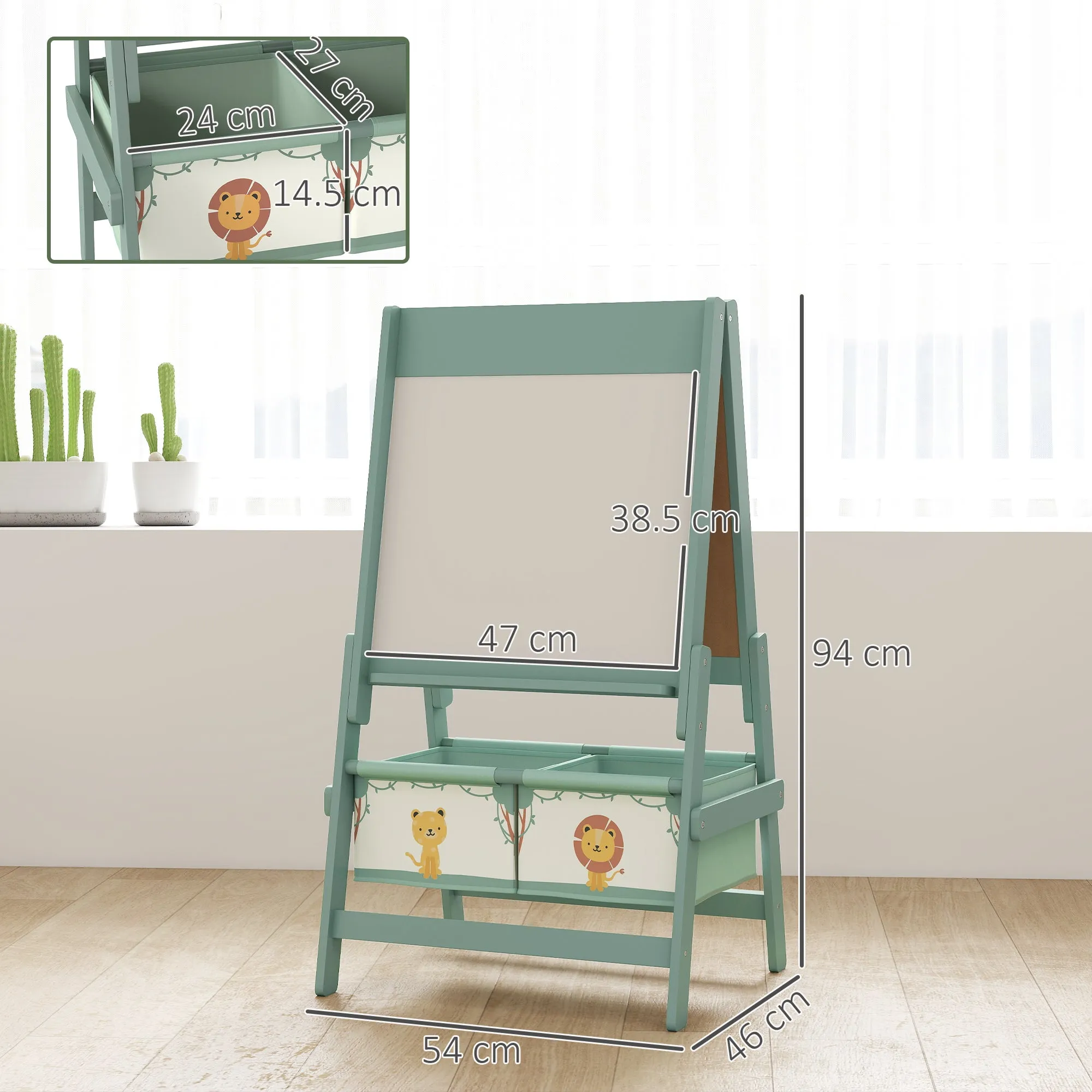 3-in-1 Children's Blackboard with Easel, Paper Roll and 2 Baskets, Wooden, 54x46x94 cm, Green - Image 3