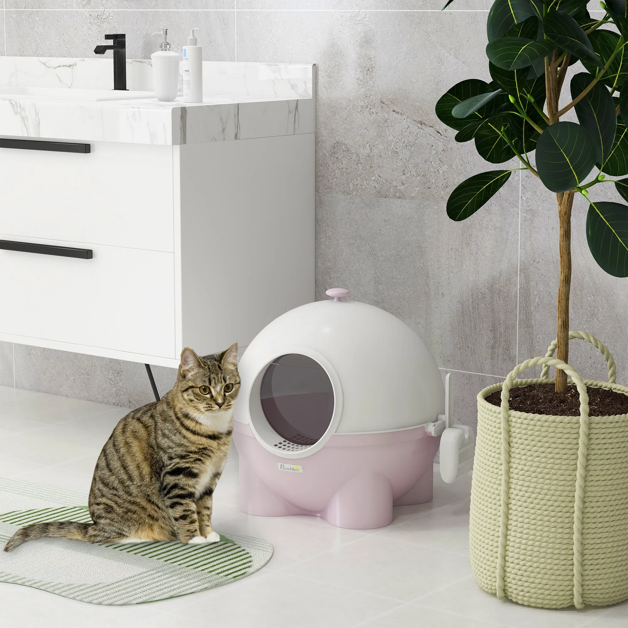 Cat Litter Box 4kg Max with Lid and Scoop Included, 53x51x48 cm, White and Pink - Image 2