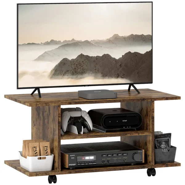 Modern TV Stand with Shelves, Swivel Wheels and Brakes, 80x40x40 cm, Rustic Brown