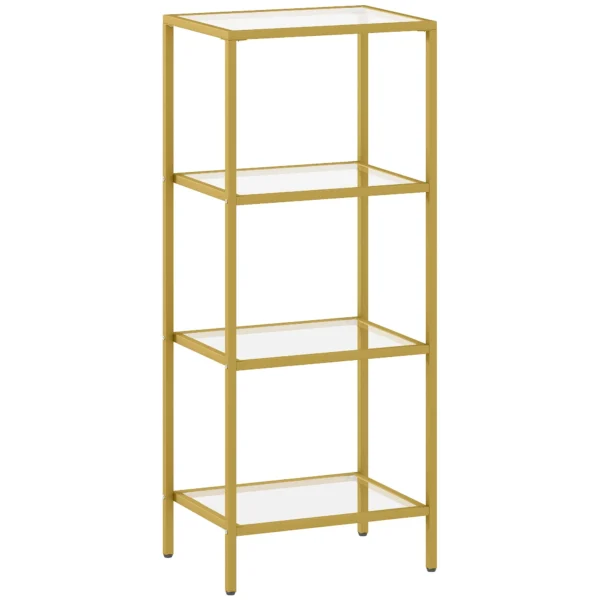 Minimalist 4-Tier Metal and Tempered Glass Shelf Unit, 40x30x96.5 cm, Gold