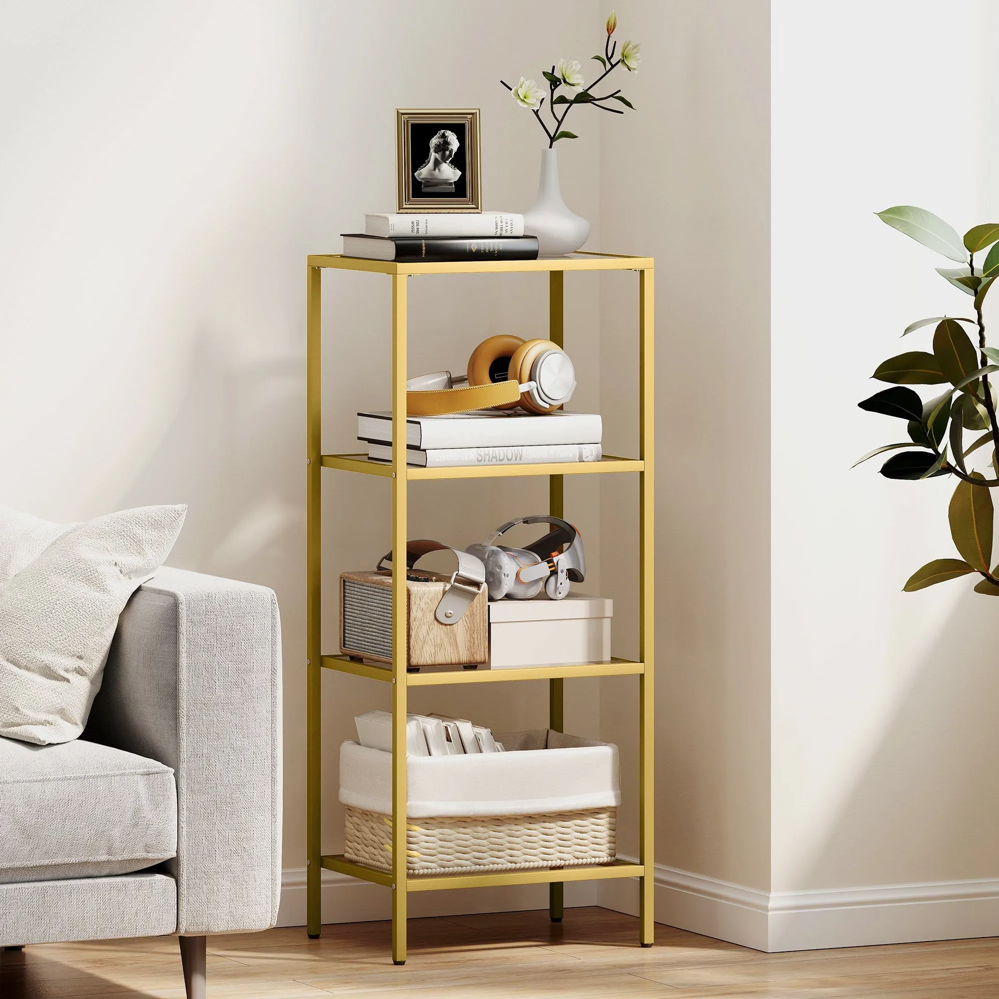 Minimalist 4-Tier Metal and Tempered Glass Shelf Unit, 40x30x96.5 cm, Gold - Image 2