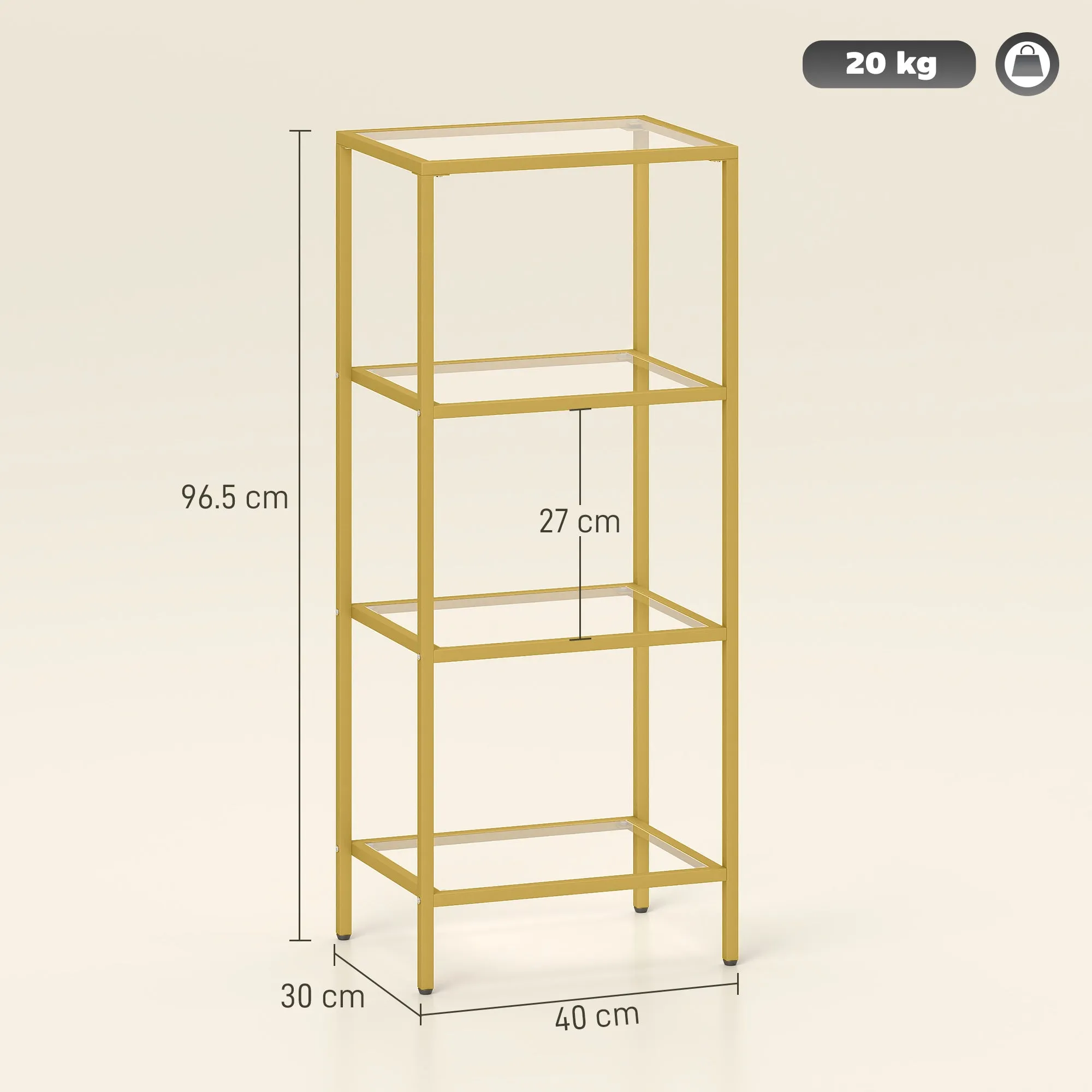 Minimalist 4-Tier Metal and Tempered Glass Shelf Unit, 40x30x96.5 cm, Gold - Image 3