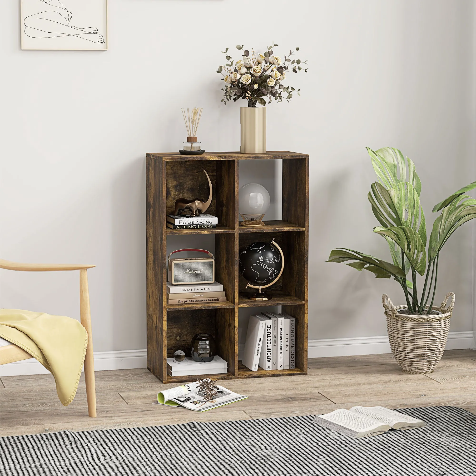 6-Tier Cube Bookcase with Rustic Wooden Storage Shelves, 61.5 x 29.5 x 91.5 cm, Brown - Image 2