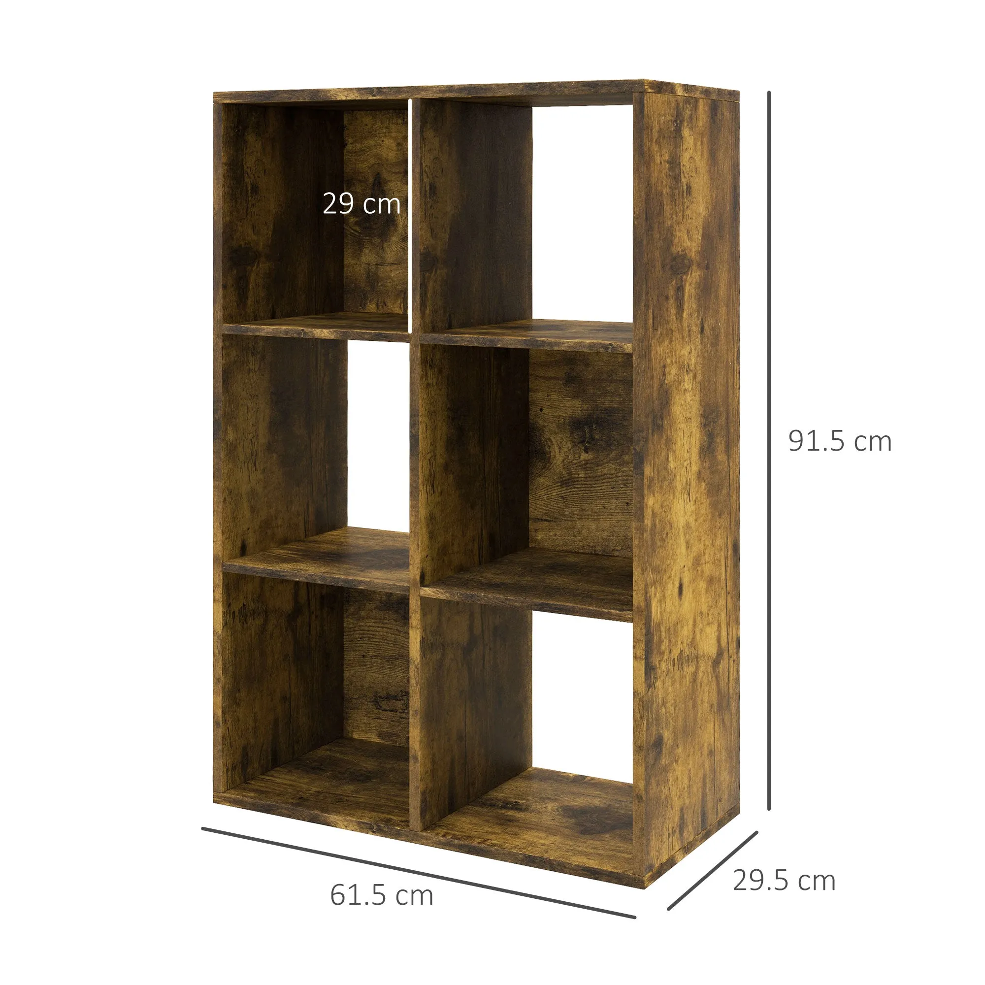 6-Tier Cube Bookcase with Rustic Wooden Storage Shelves, 61.5 x 29.5 x 91.5 cm, Brown - Image 3