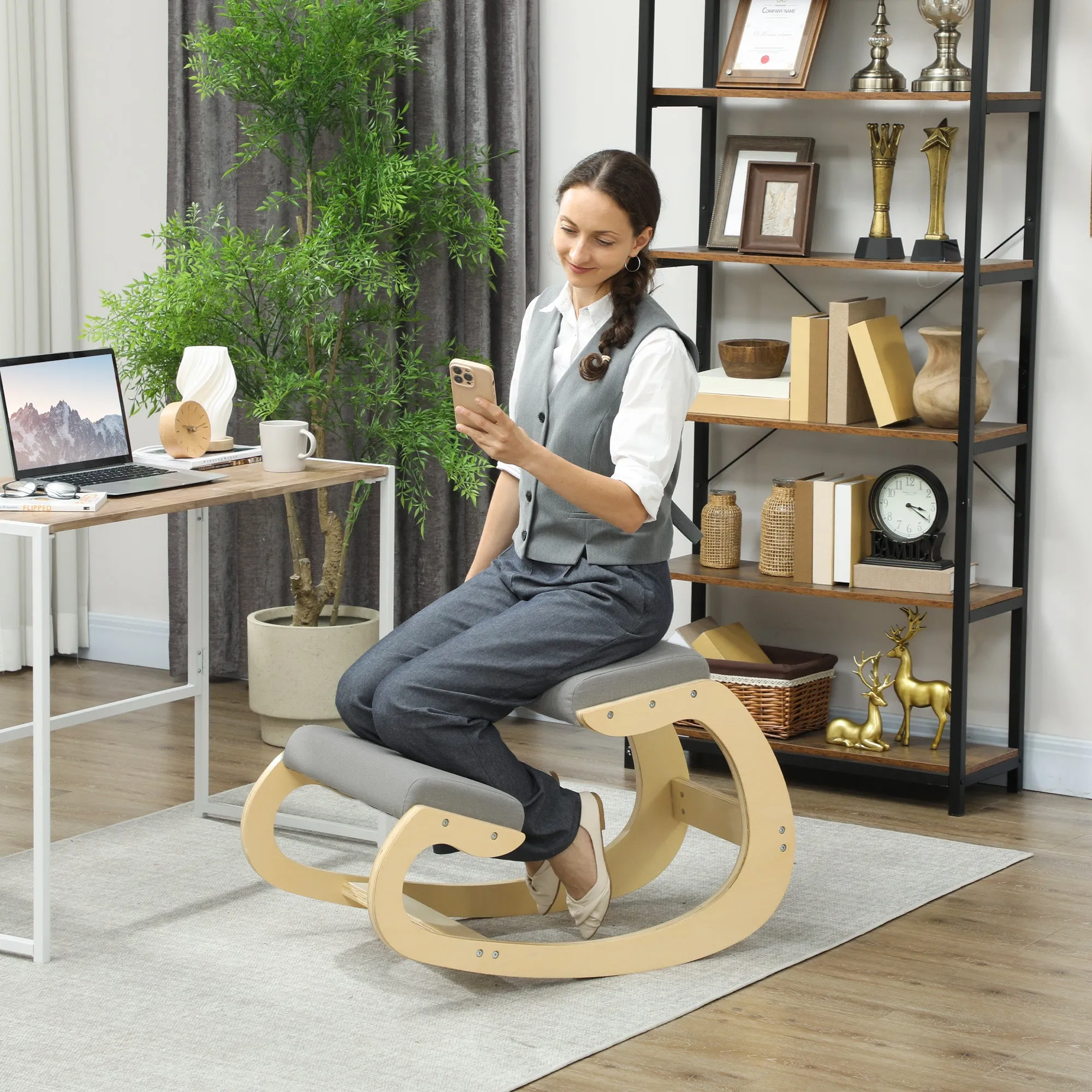 Ergonomic Kneeling Chair with Reclining Function, in Linen and Wood Effect Fabric, 55x85x55 cm, Light Grey - Image 2