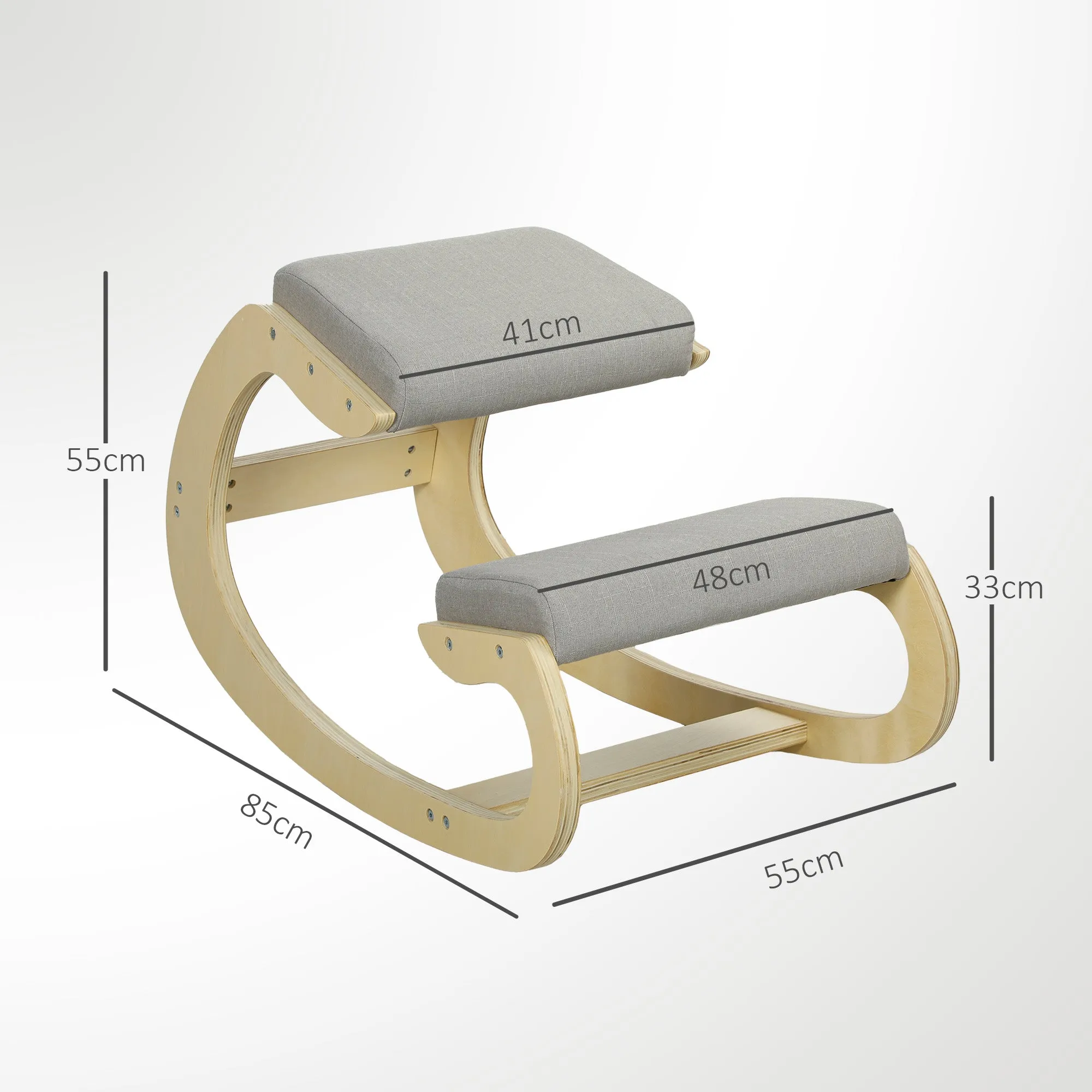 Ergonomic Kneeling Chair with Reclining Function, in Linen and Wood Effect Fabric, 55x85x55 cm, Light Grey - Image 3