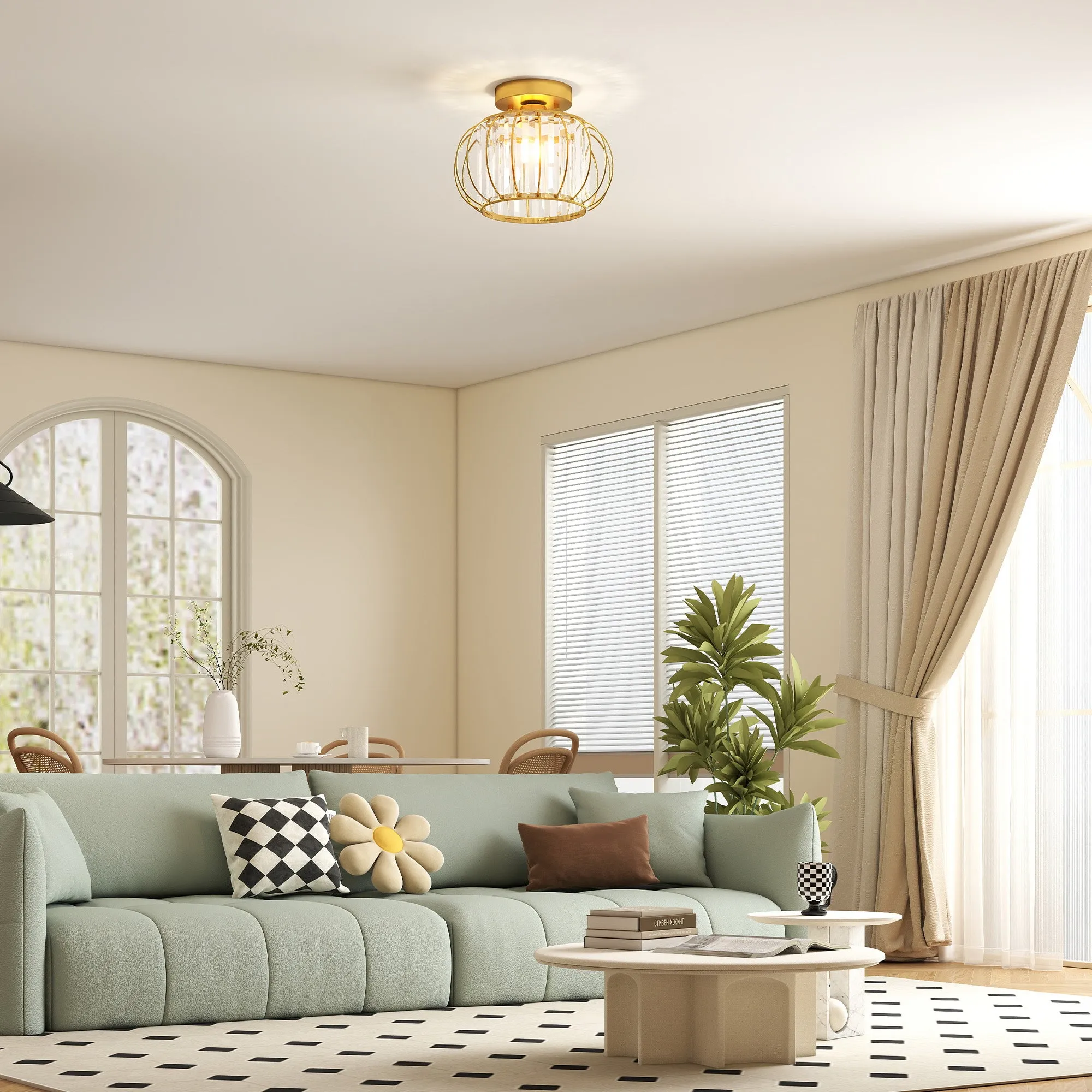 Modern and Minimal LED Cage Ceiling Light with 18 Crystals, Gold Metal, Ø27x19 cm - Image 2