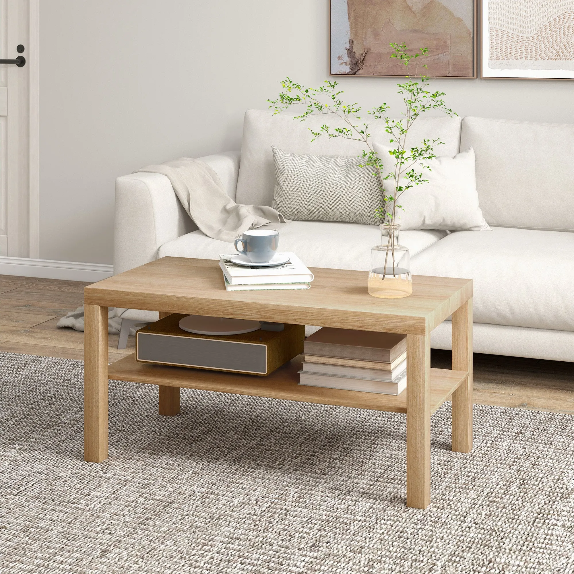 Rectangular Coffee Table with Large Shelf, 90×45×44.5 cm, Natural Wood - Image 2