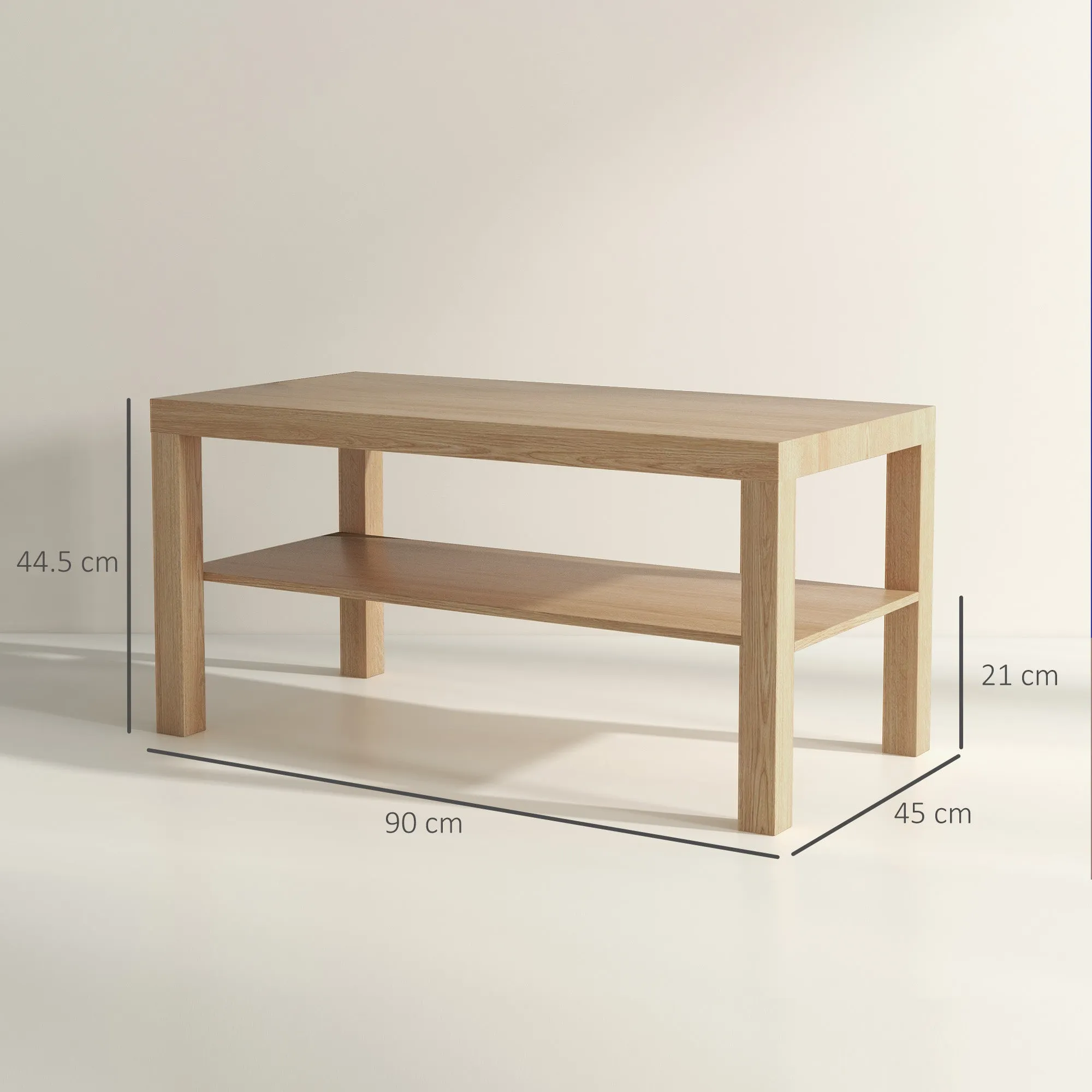 Rectangular Coffee Table with Large Shelf, 90×45×44.5 cm, Natural Wood - Image 3