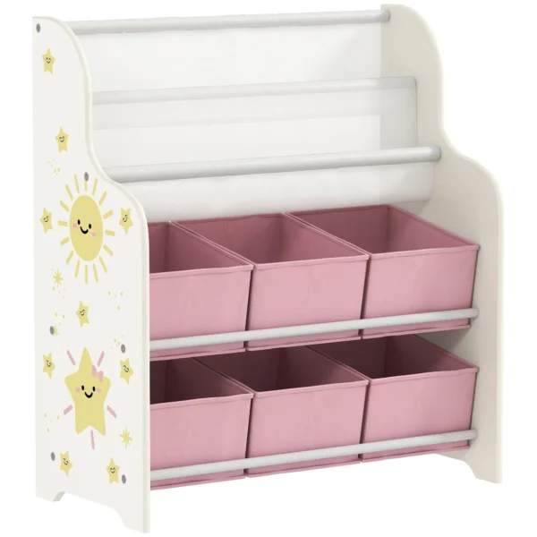 Toy Storage Shelf with 6 Fabric Drawers and 2-Tier Bookcase, Wood and Steel, 63x30x71 cm, Pink