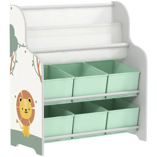 Toy Storage Shelf with 6 Fabric Drawers and 2-Tier Bookcase, Wood and Steel, 63x30x71 cm, Green