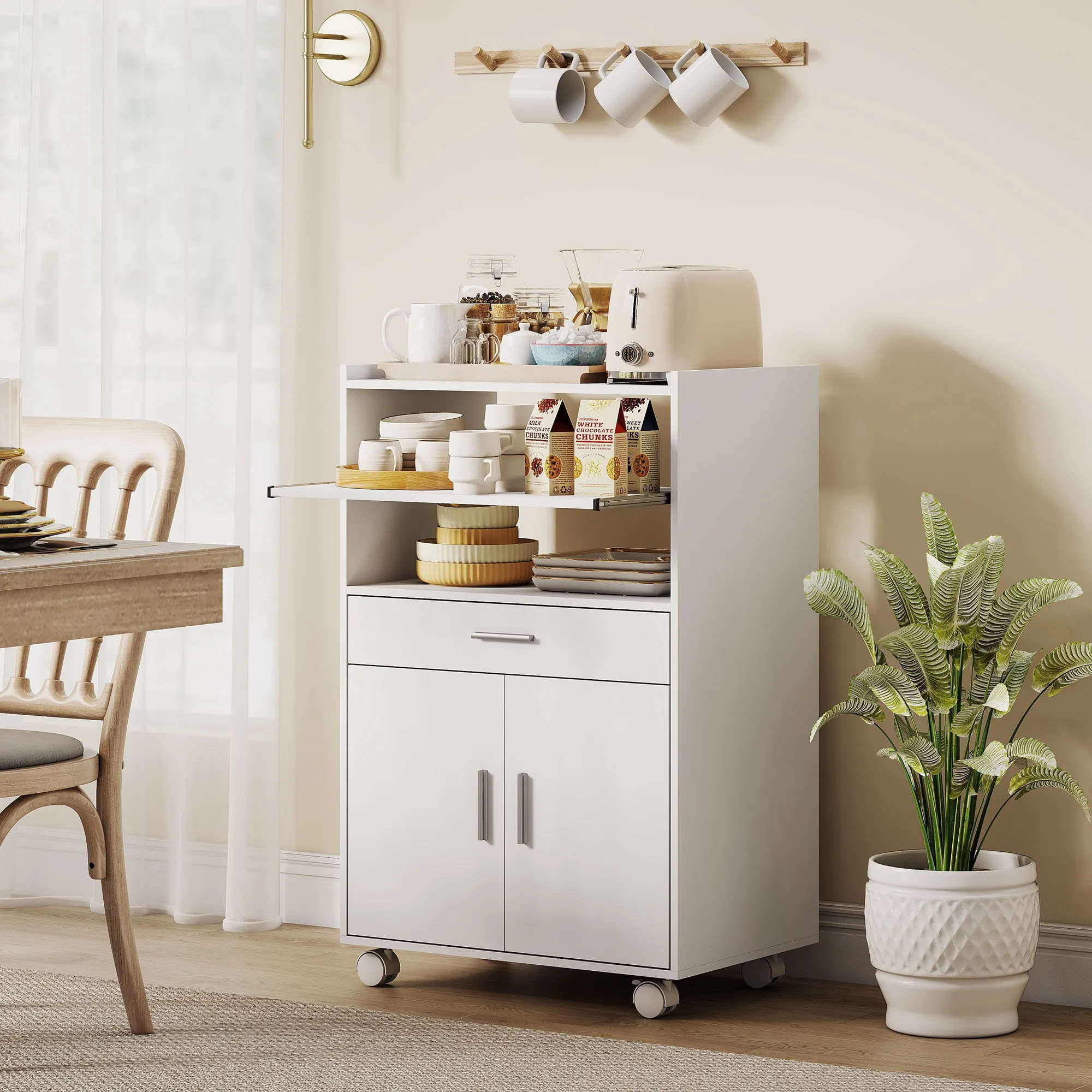 Wooden Microwave Cabinet with Drawer, 2-Door Cabinet and 2 Shelves, 59x40x92 cm, White - Image 2