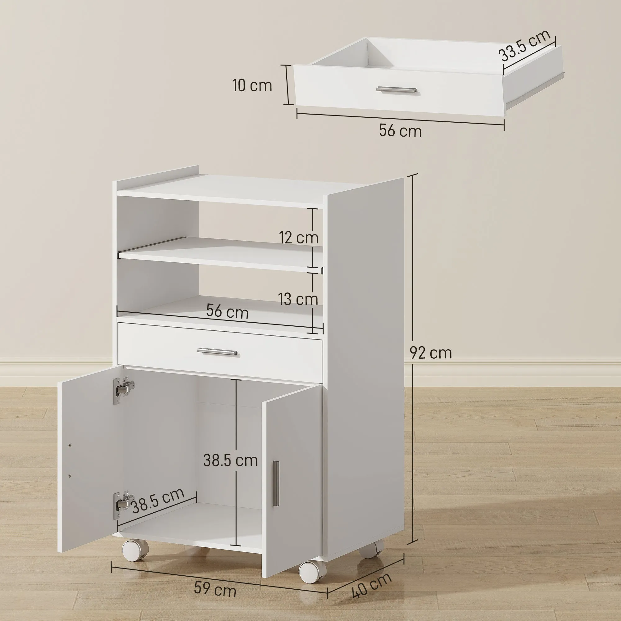 Wooden Microwave Cabinet with Drawer, 2-Door Cabinet and 2 Shelves, 59x40x92 cm, White - Image 3