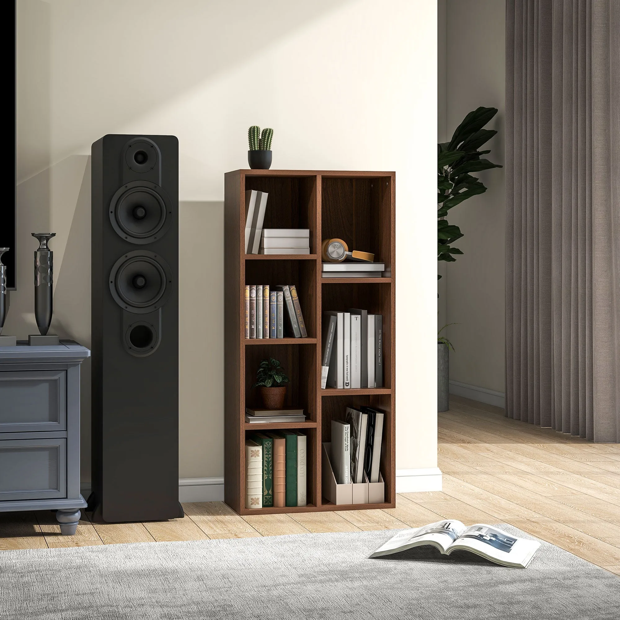 Wooden Cube Bookcase with 7 Shelves of Different Sizes, 50x24x106 cm, Walnut Color - Image 2