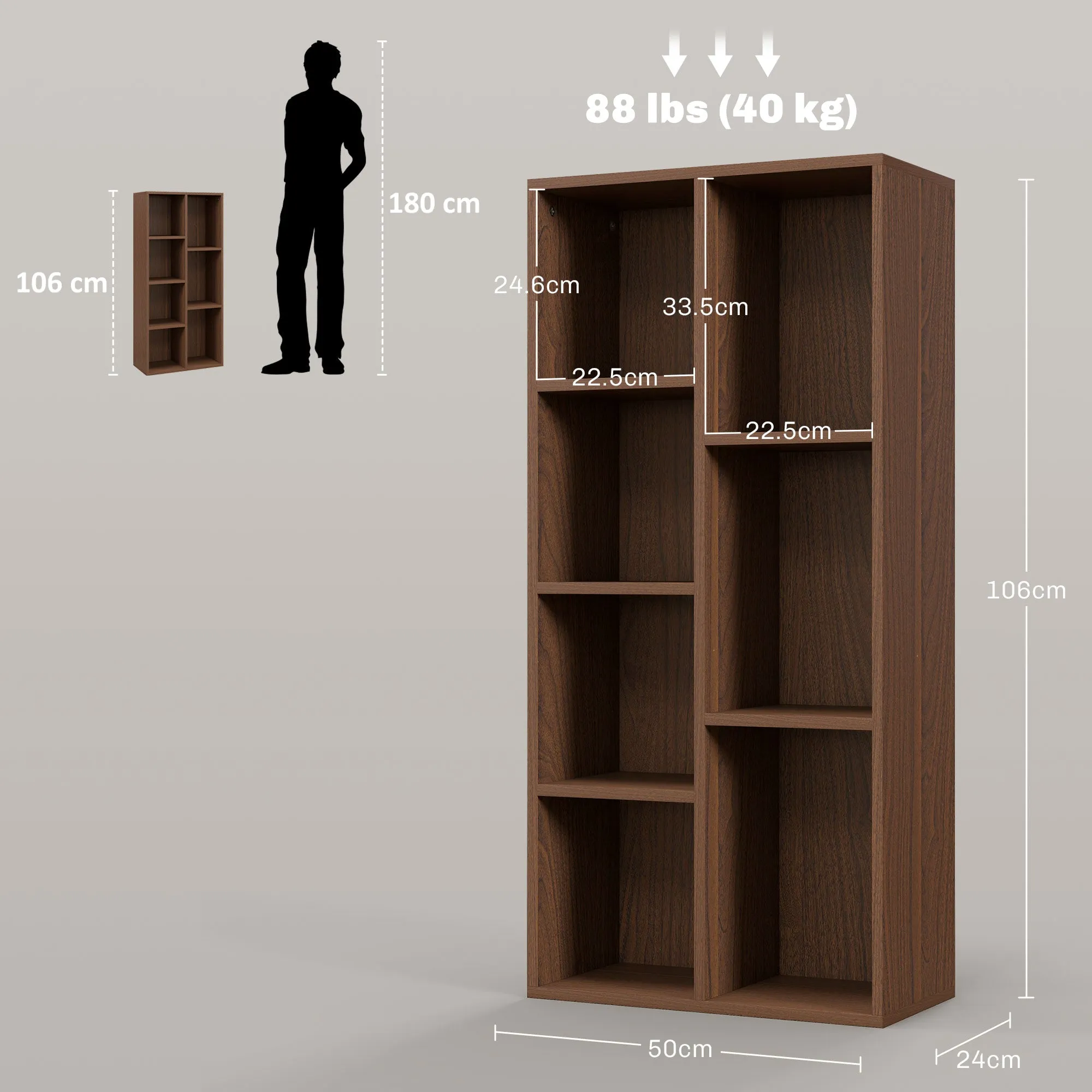 Wooden Cube Bookcase with 7 Shelves of Different Sizes, 50x24x106 cm, Walnut Color - Image 3