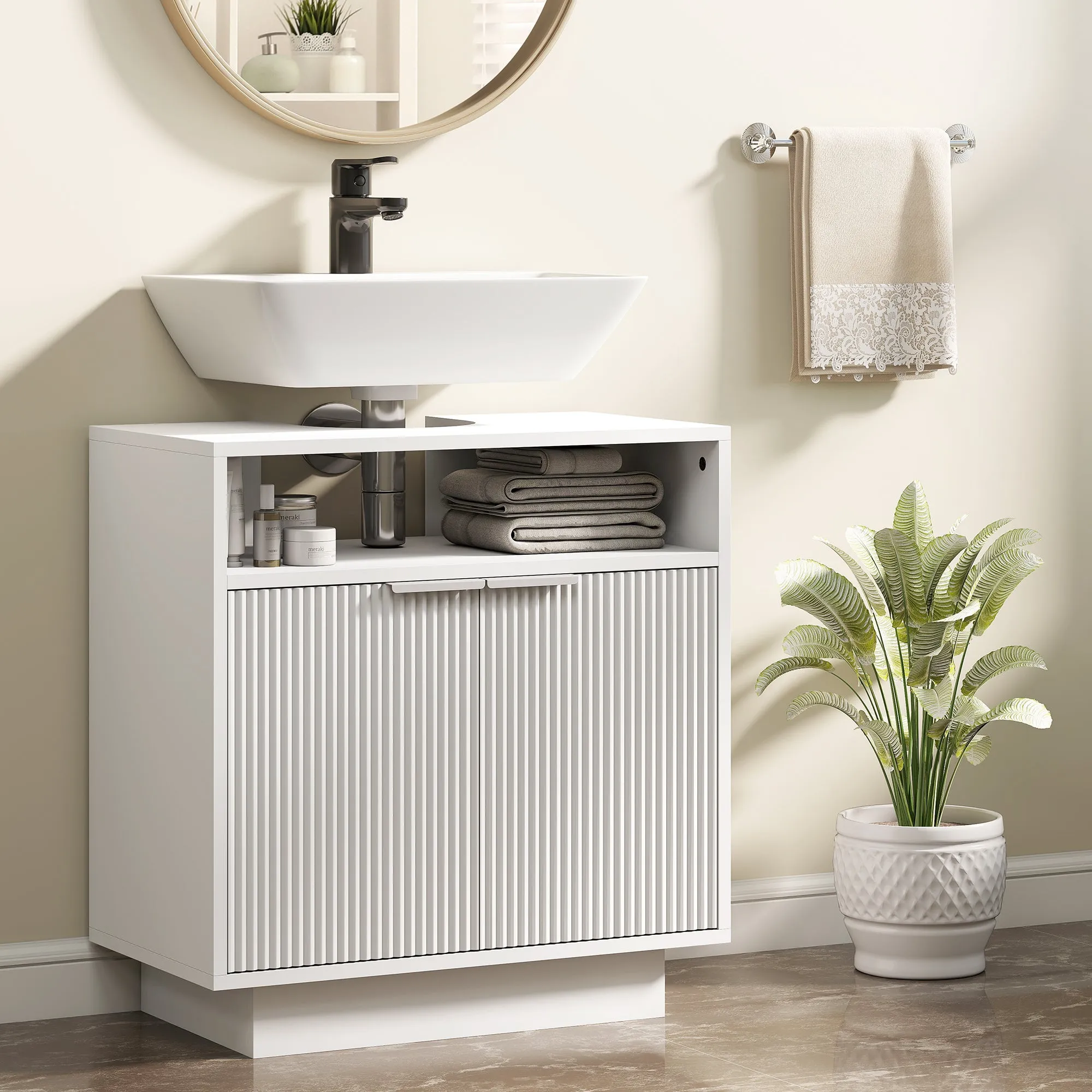 Under Sink Bathroom Cabinet with Adjustable Internal Shelf and Open Shelf, Wooden, 60x33x63 cm, White - Image 2