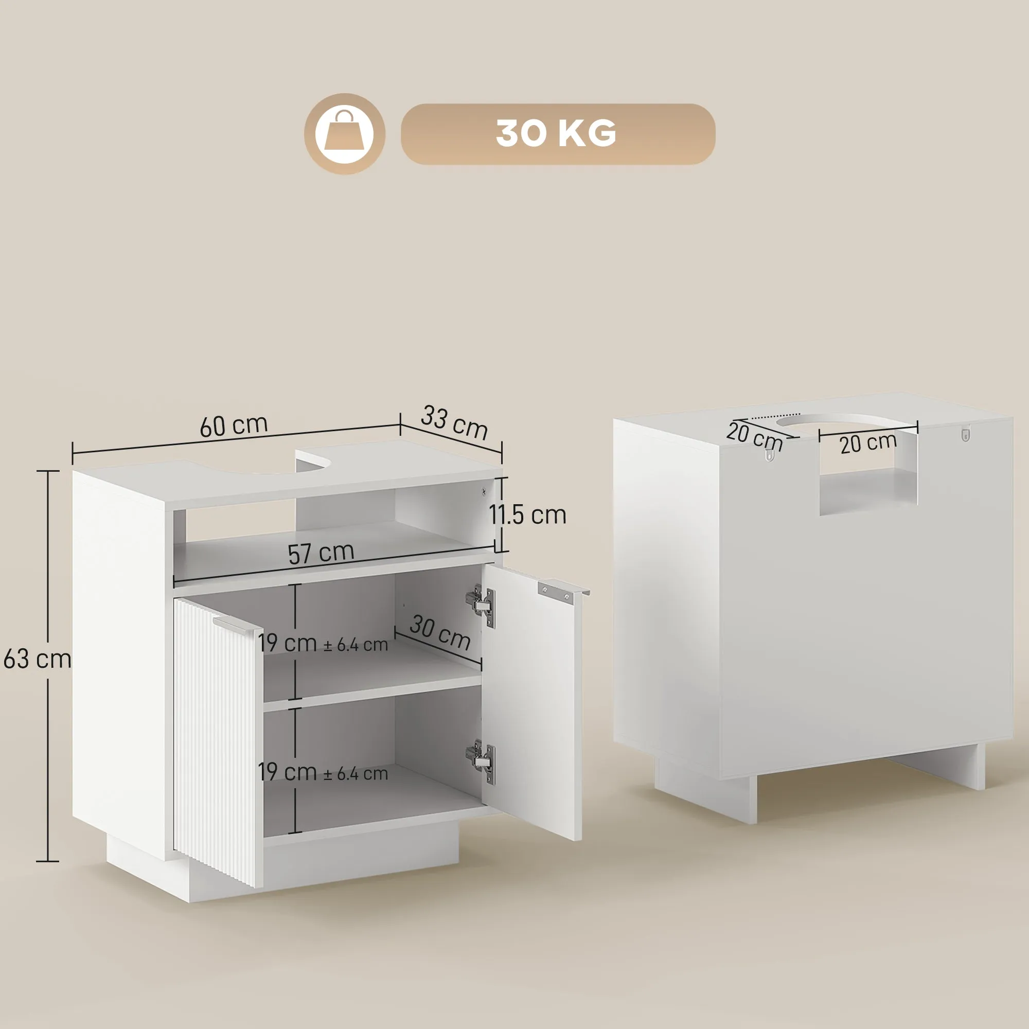 Under Sink Bathroom Cabinet with Adjustable Internal Shelf and Open Shelf, Wooden, 60x33x63 cm, White - Image 3