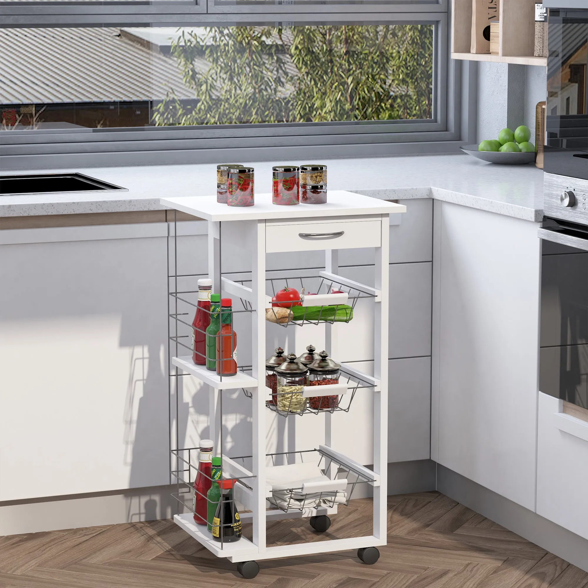 Space-Saving Kitchen Island Cart in Pine Wood, Food Cart with 4 Wheels, Drawer, 3 Pull-Out Baskets, Fruit Bowl, White - Image 2
