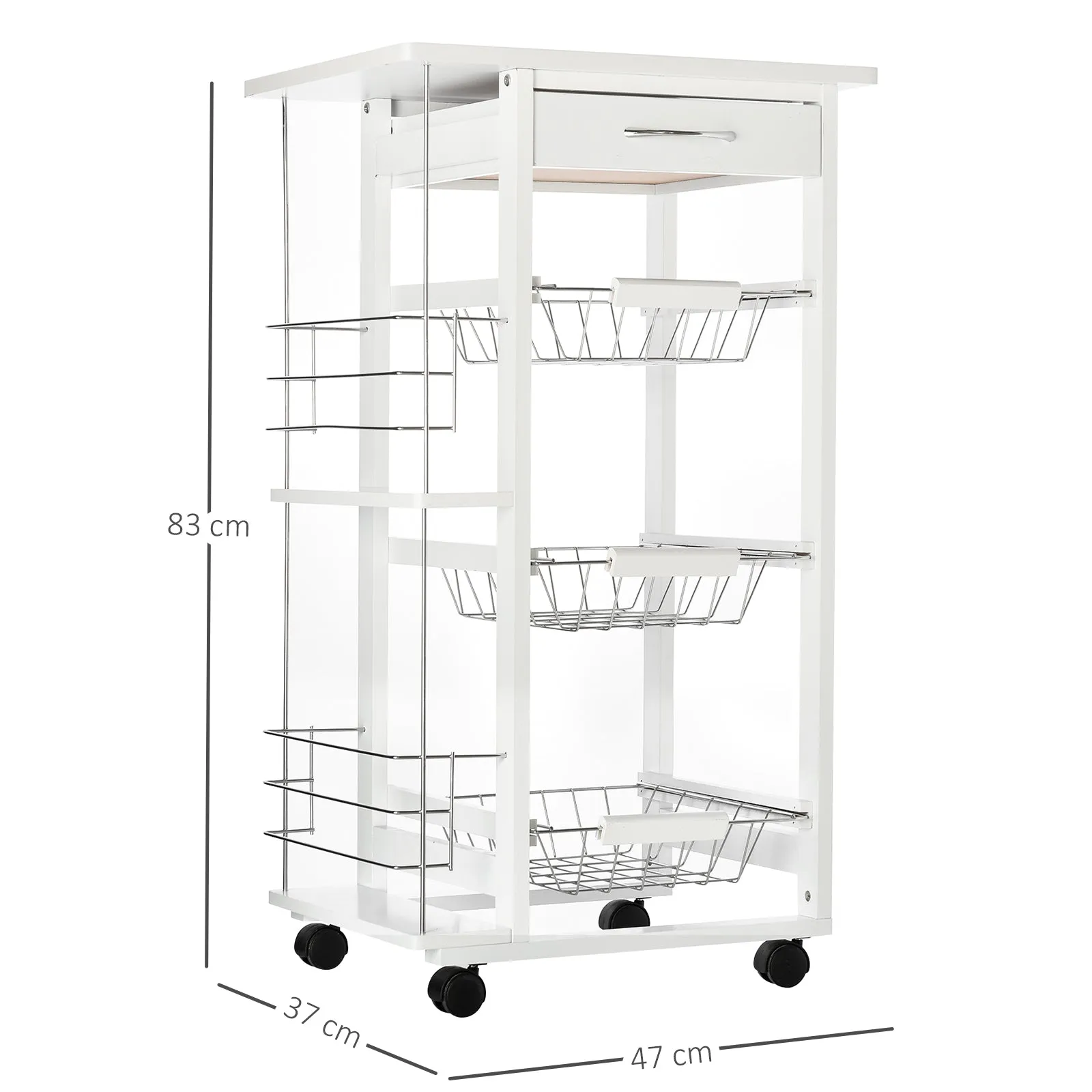 Space-Saving Kitchen Island Cart in Pine Wood, Food Cart with 4 Wheels, Drawer, 3 Pull-Out Baskets, Fruit Bowl, White - Image 3