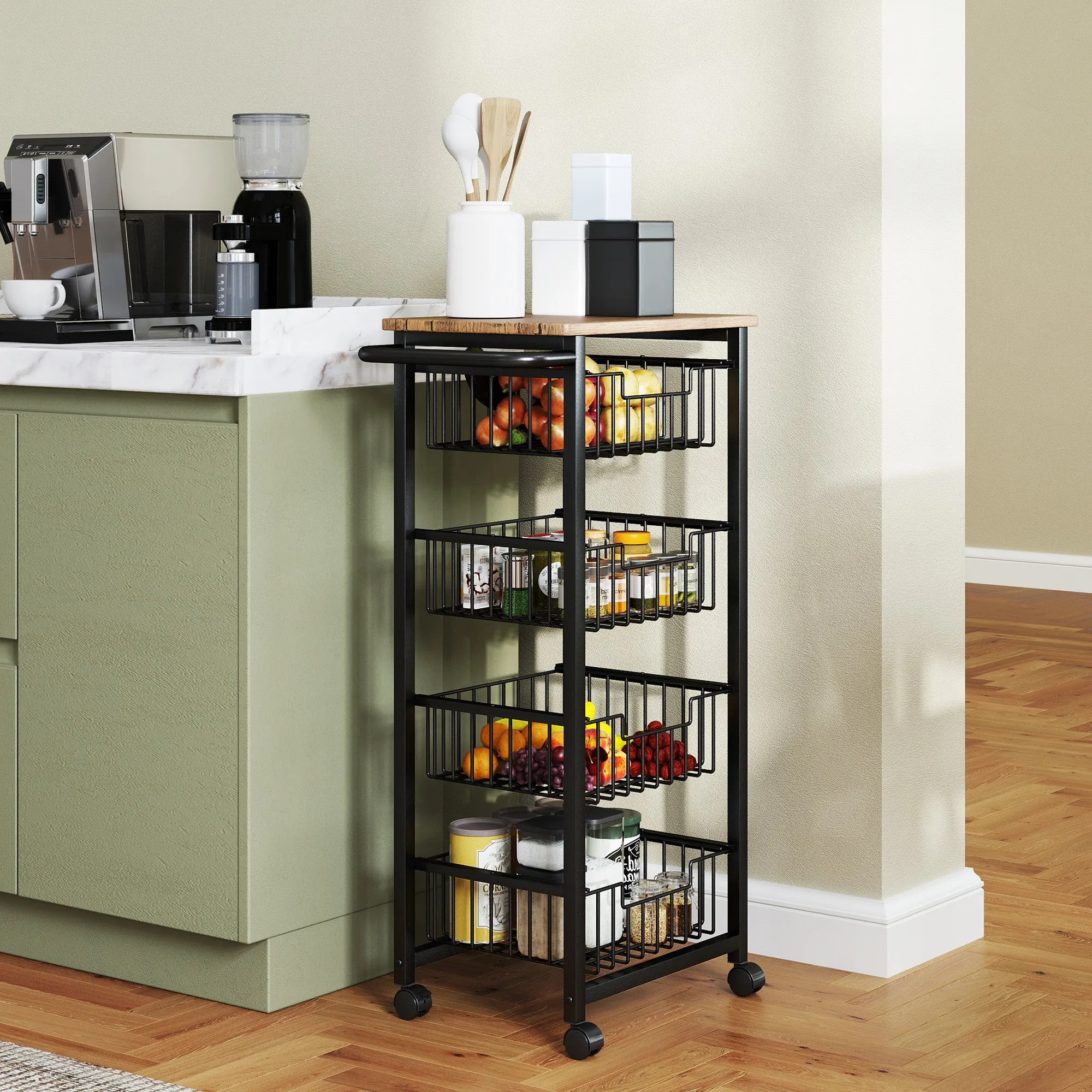 Kitchen Trolley with 4 Pull-Out Baskets, Wheels and Brakes, Steel and Wood, 49.5x31x91 cm, Oak - Image 2