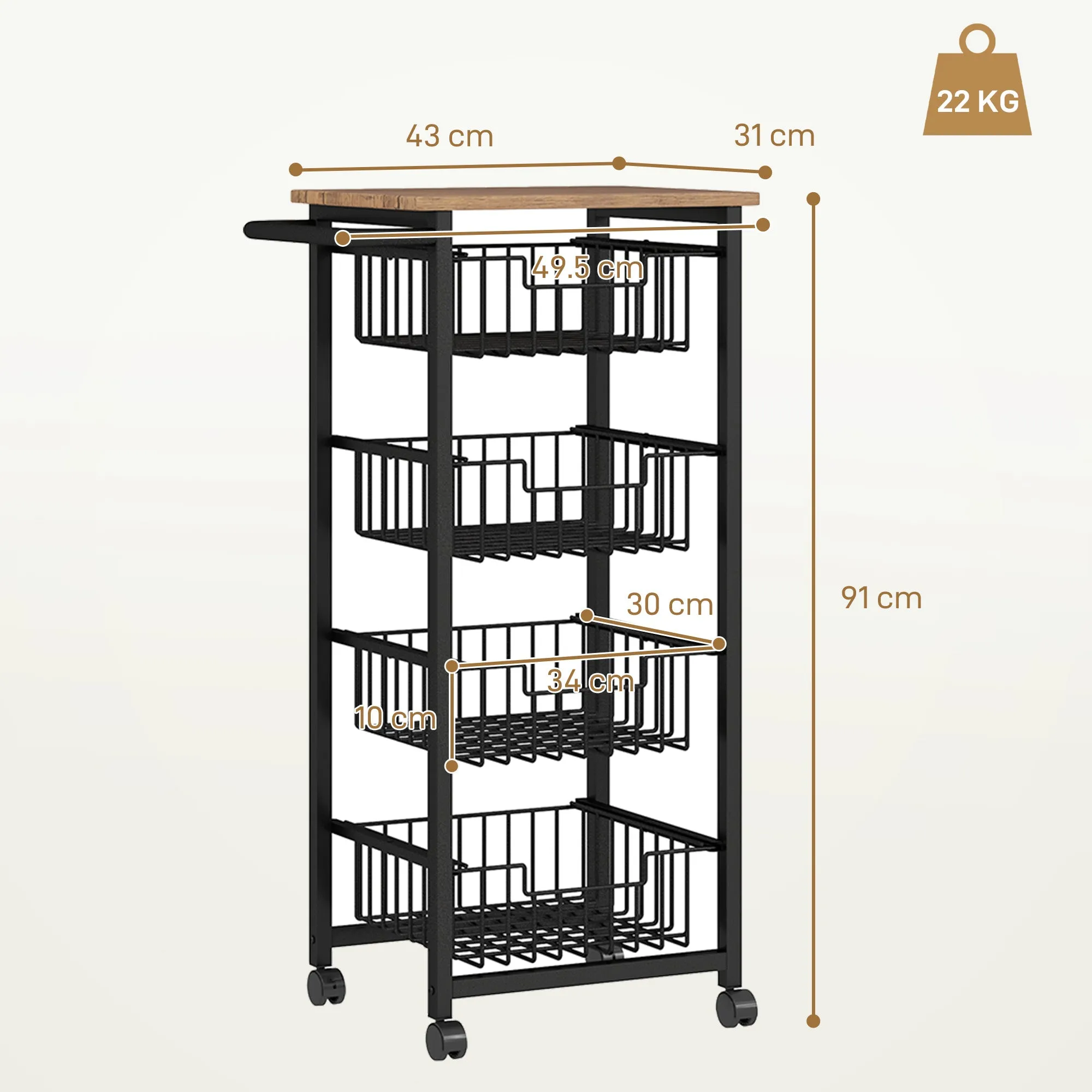 Kitchen Trolley with 4 Pull-Out Baskets, Wheels and Brakes, Steel and Wood, 49.5x31x91 cm, Oak - Image 3