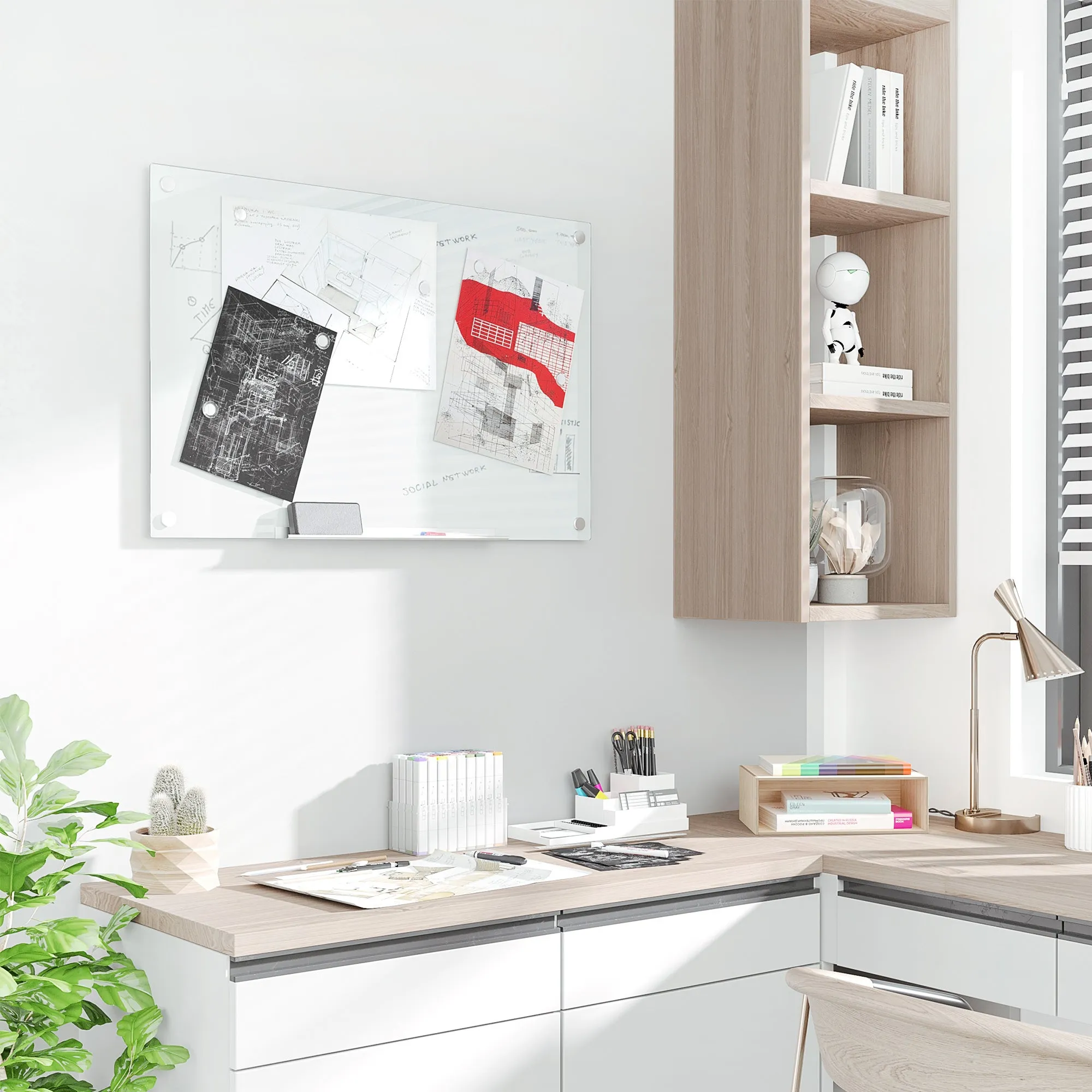Glass and Aluminum Whiteboard with 4 Colored Markers and Eraser, 90x60x0.4 cm - Image 2
