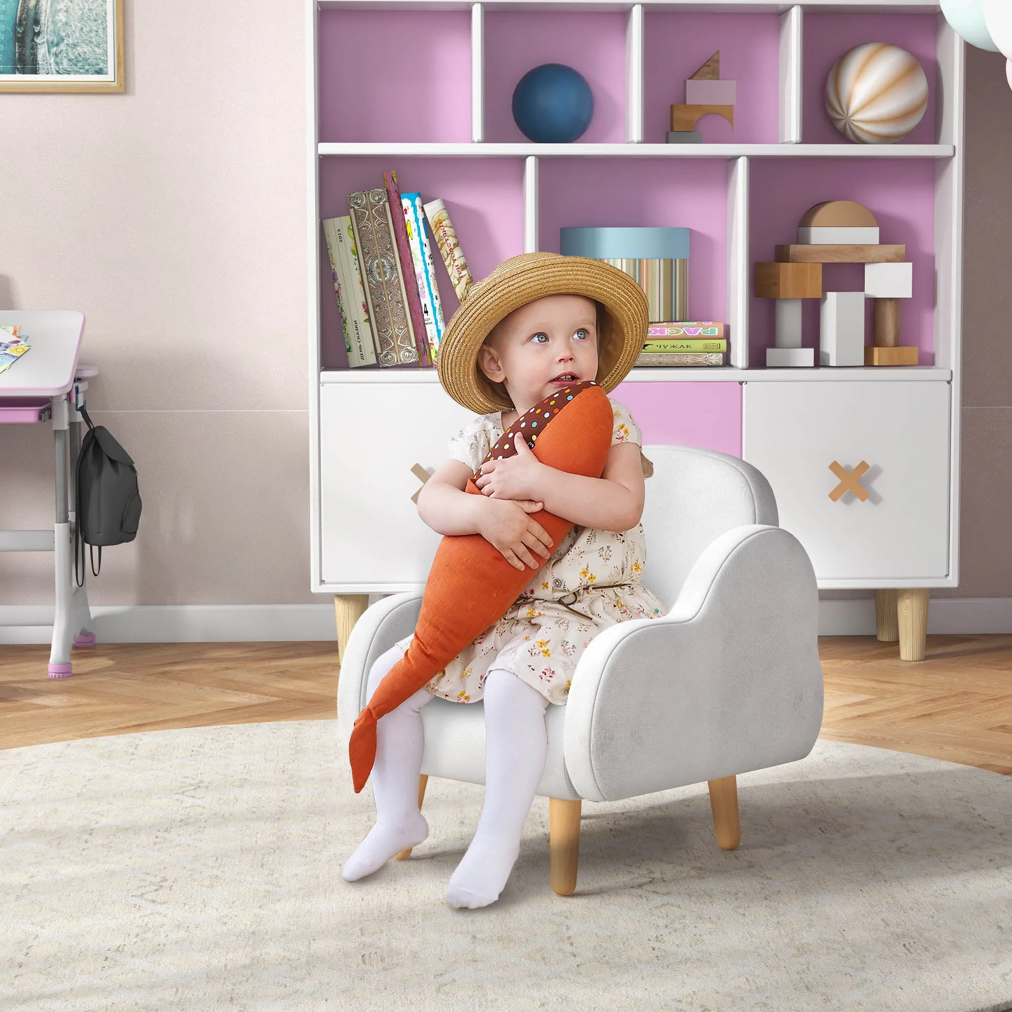 Scandinavian Style Children's Armchair with Cloud Armrests in White Fabric, 46x51x55 cm - Image 2