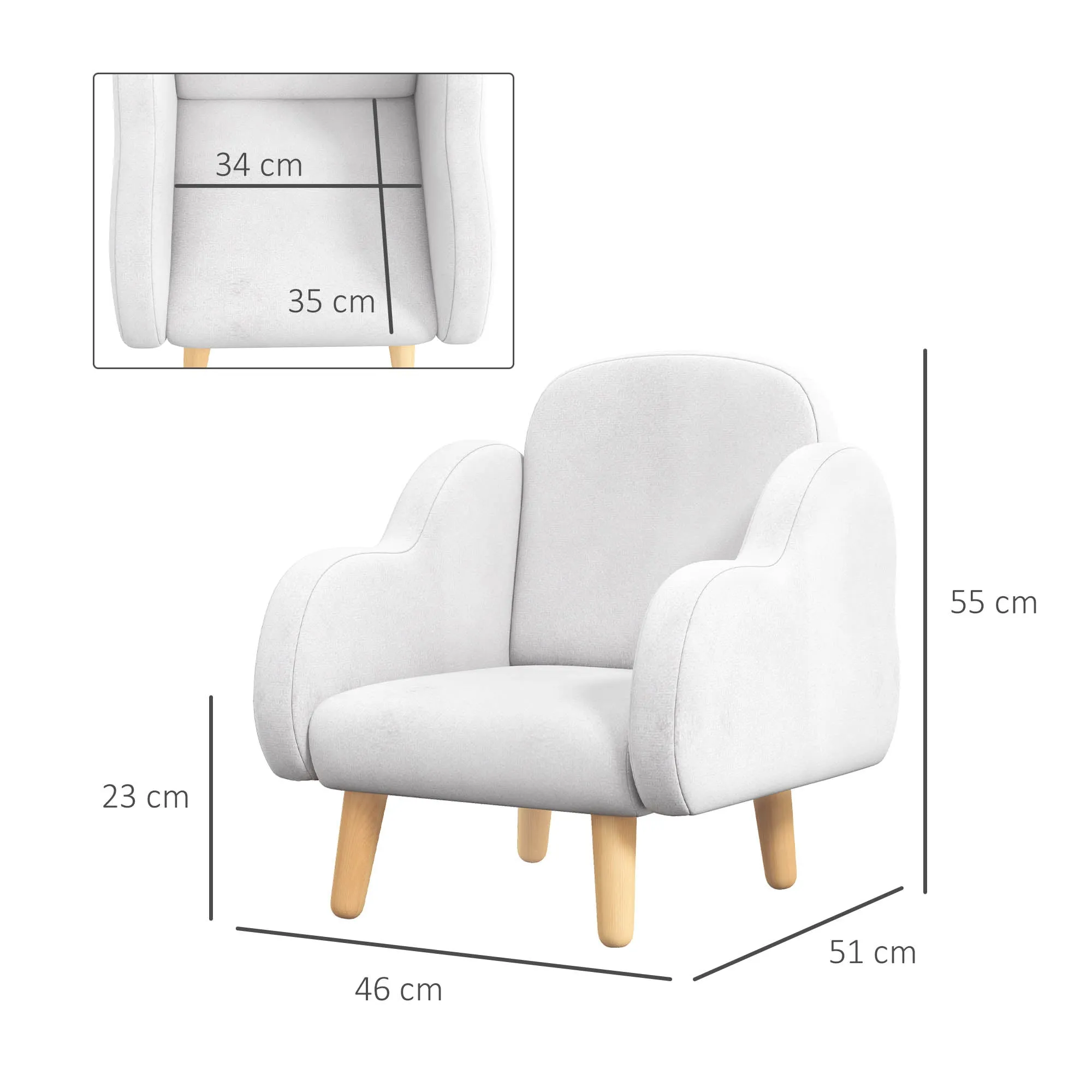 Scandinavian Style Children's Armchair with Cloud Armrests in White Fabric, 46x51x55 cm - Image 3