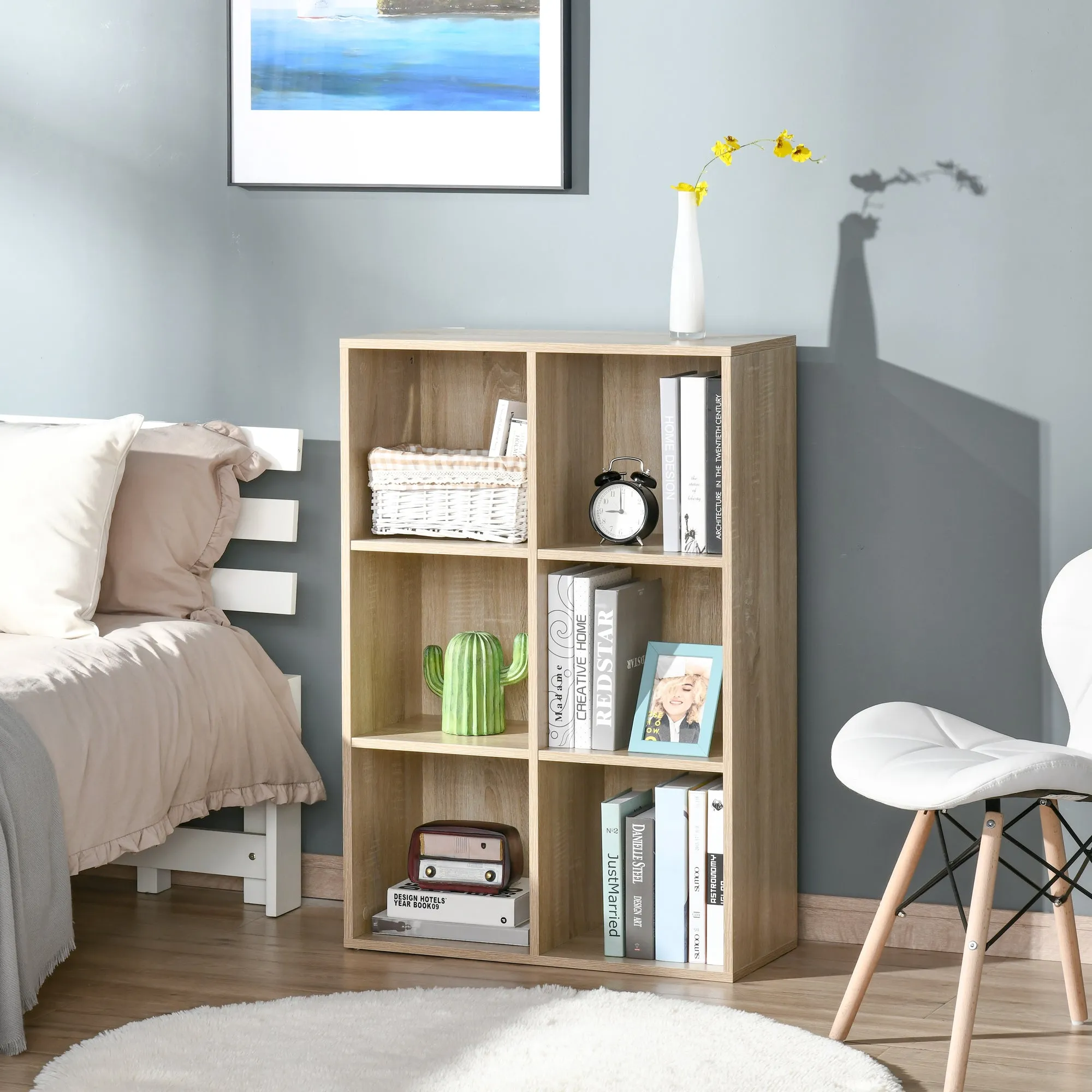 Modern 6-Cube Wooden Bookcase, 65.5x30x97.5 cm, Oak Color - Image 2