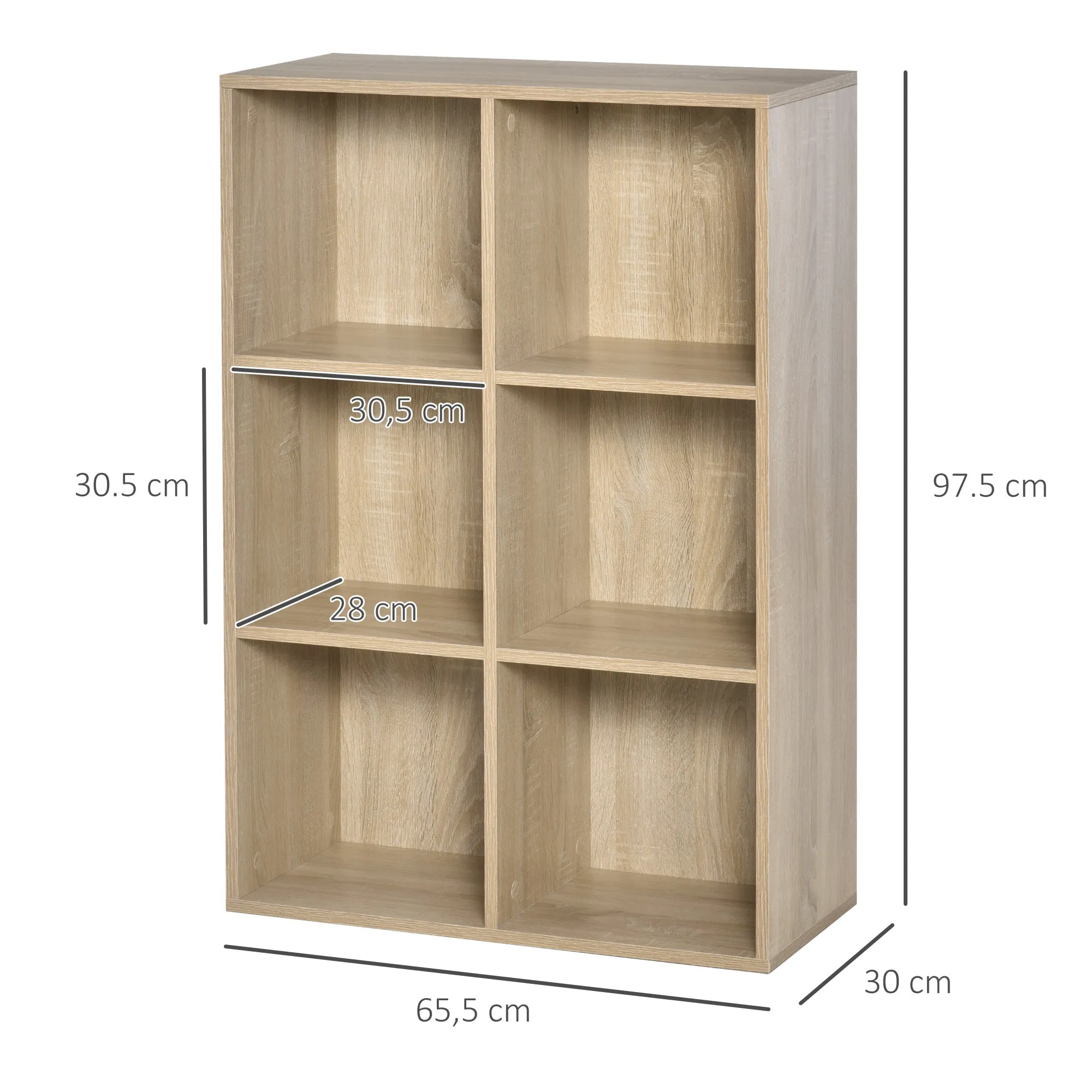 Modern 6-Cube Wooden Bookcase, 65.5x30x97.5 cm, Oak Color - Image 3
