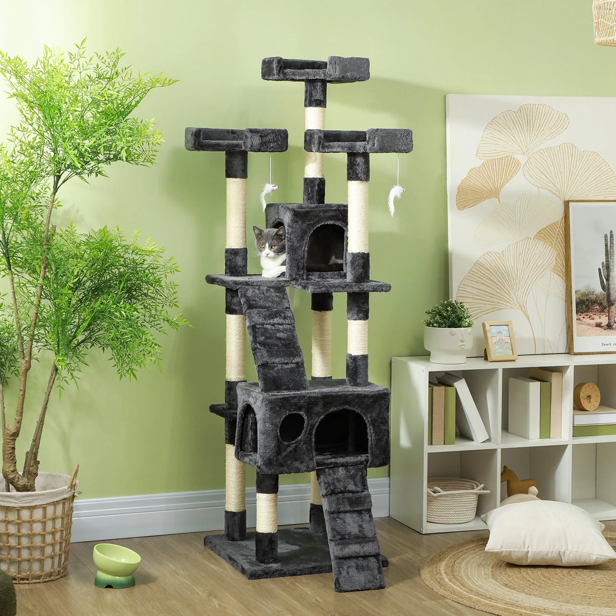 Cat Scratching Tree with 3 Perches, 2 Houses and Hanging Toys, Made of Wood and Plush, 49x49x173 cm, Grey - Image 2