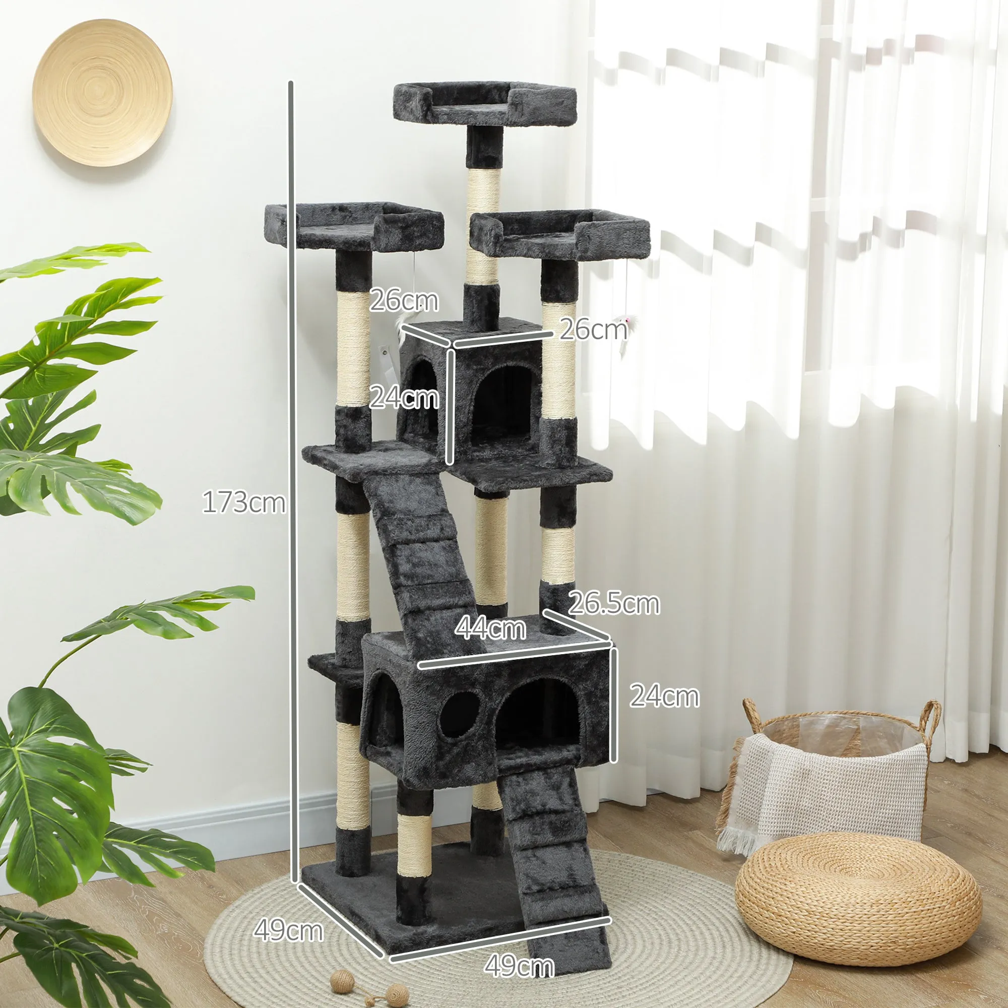 Cat Scratching Tree with 3 Perches, 2 Houses and Hanging Toys, Made of Wood and Plush, 49x49x173 cm, Grey - Image 3