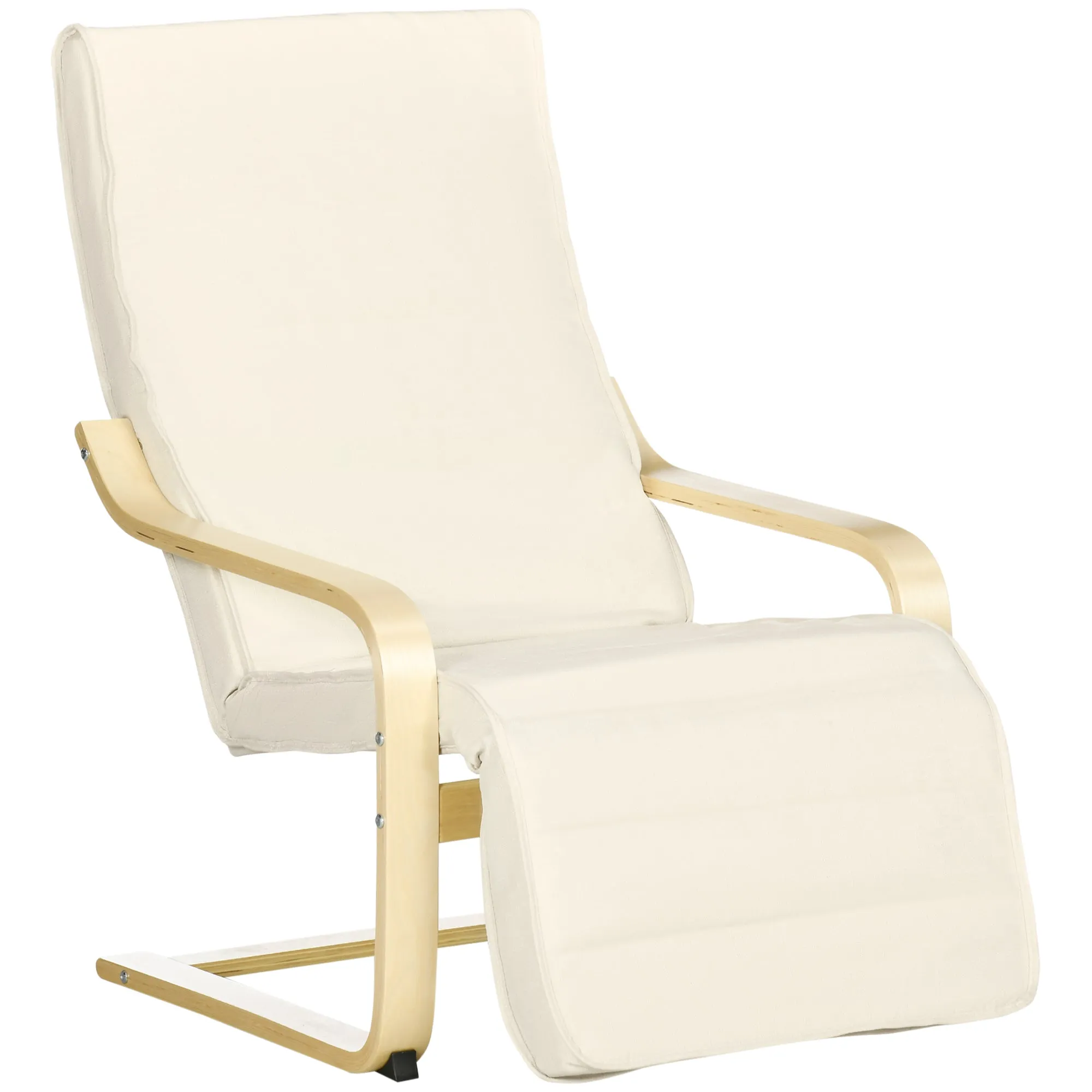 Relaxing Chair with 5-Level Footrest and Headrest, Birch Wood and Fabric, 66.5x94x100 cm, Cream