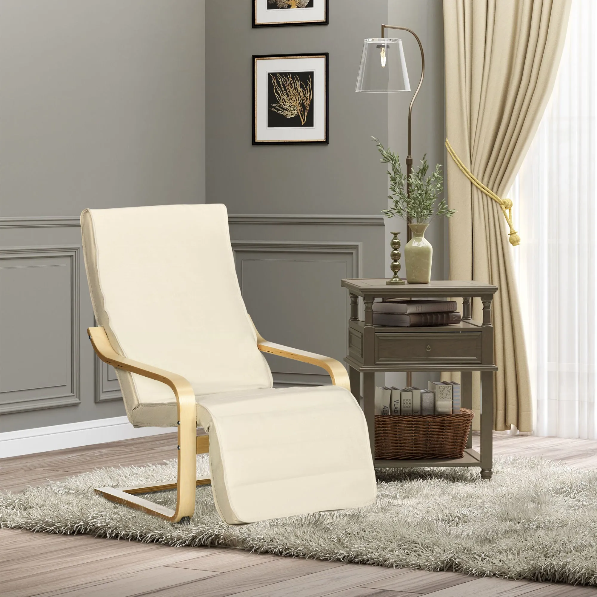 Relaxing Chair with 5-Level Footrest and Headrest, Birch Wood and Fabric, 66.5x94x100 cm, Cream - Image 2