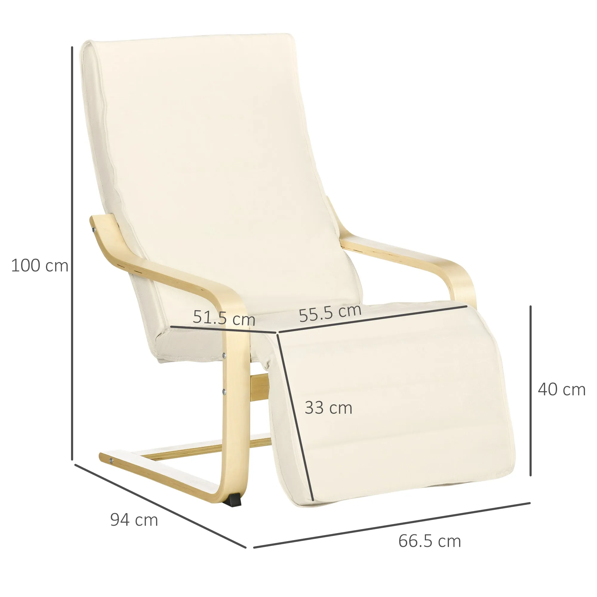 Relaxing Chair with 5-Level Footrest and Headrest, Birch Wood and Fabric, 66.5x94x100 cm, Cream - Image 3
