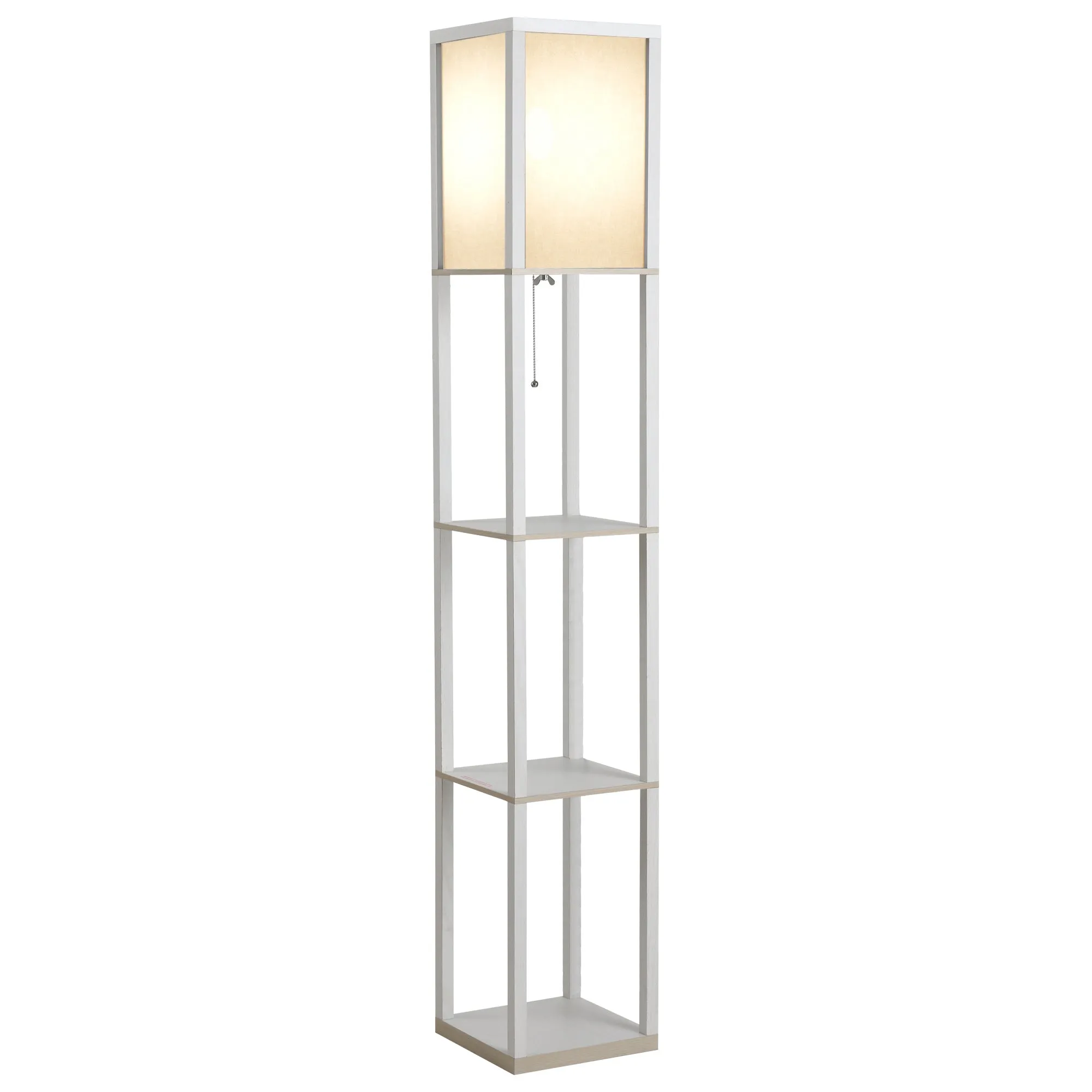 40W Floor Lamp with 3 Shelves and Foot Switch, Made of Wood and Acrylic, 26x26x160 cm, White