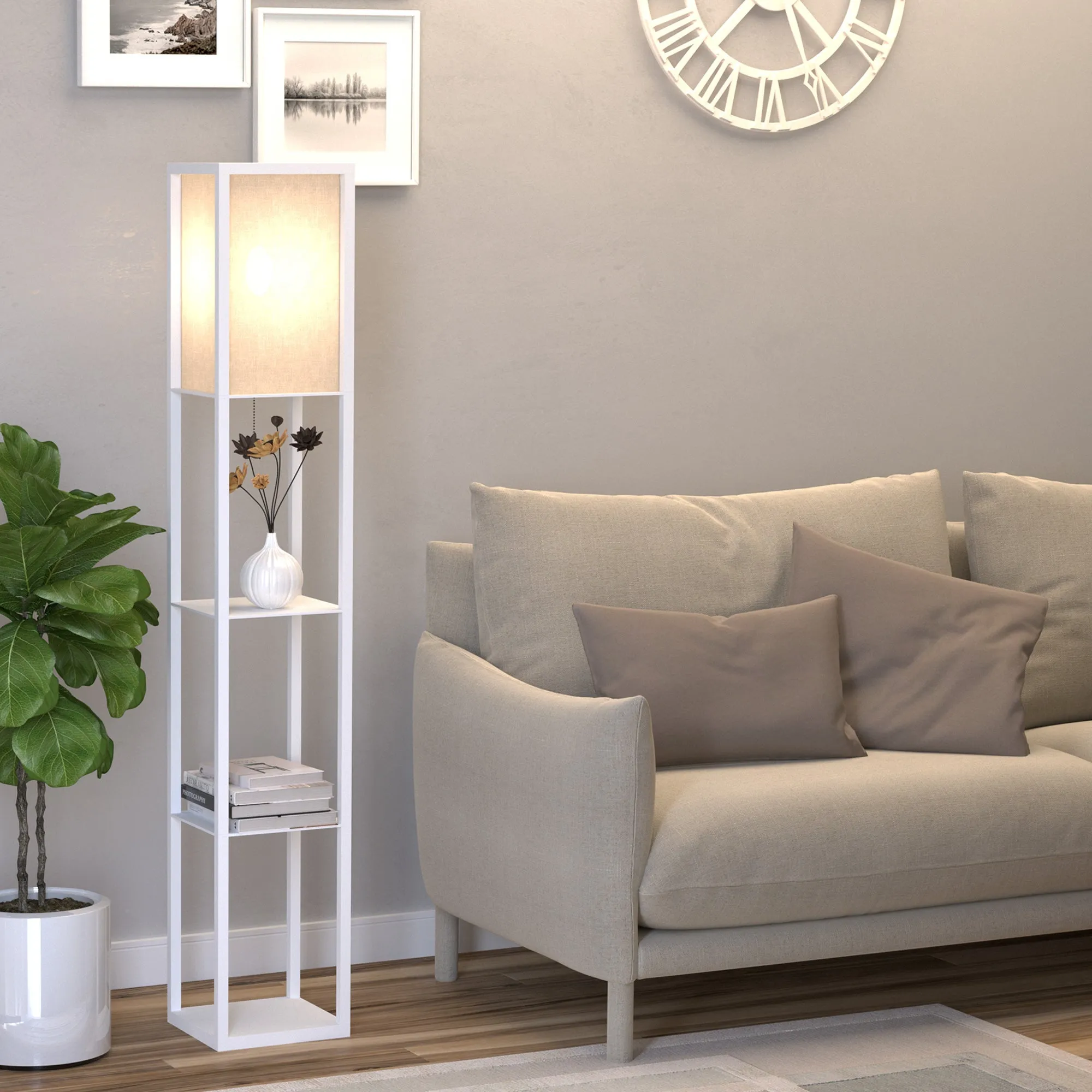 40W Floor Lamp with 3 Shelves and Foot Switch, Made of Wood and Acrylic, 26x26x160 cm, White - Image 2