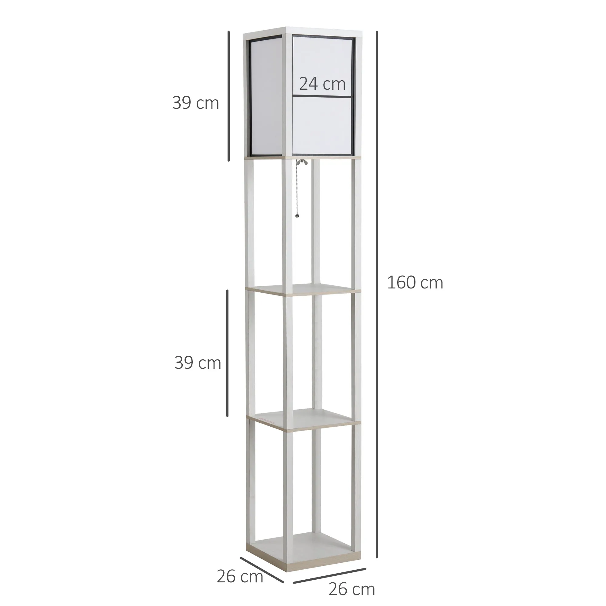 40W Floor Lamp with 3 Shelves and Foot Switch, Made of Wood and Acrylic, 26x26x160 cm, White - Image 3