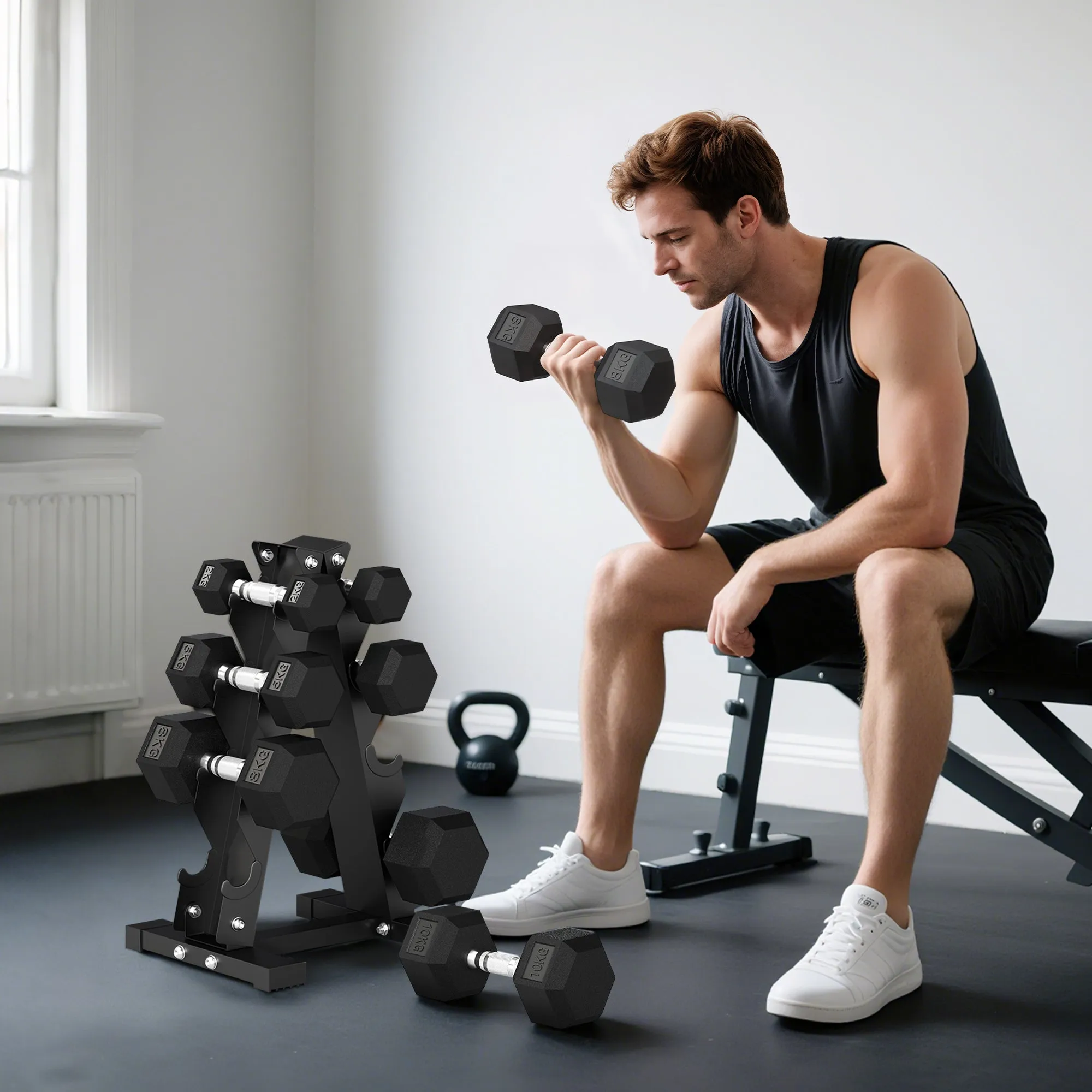 Hex Dumbbell Set with Stand and Non-Slip Grip, 2x2kg, 2x5kg, 2x8kg, 2x10kg, Black - Image 2