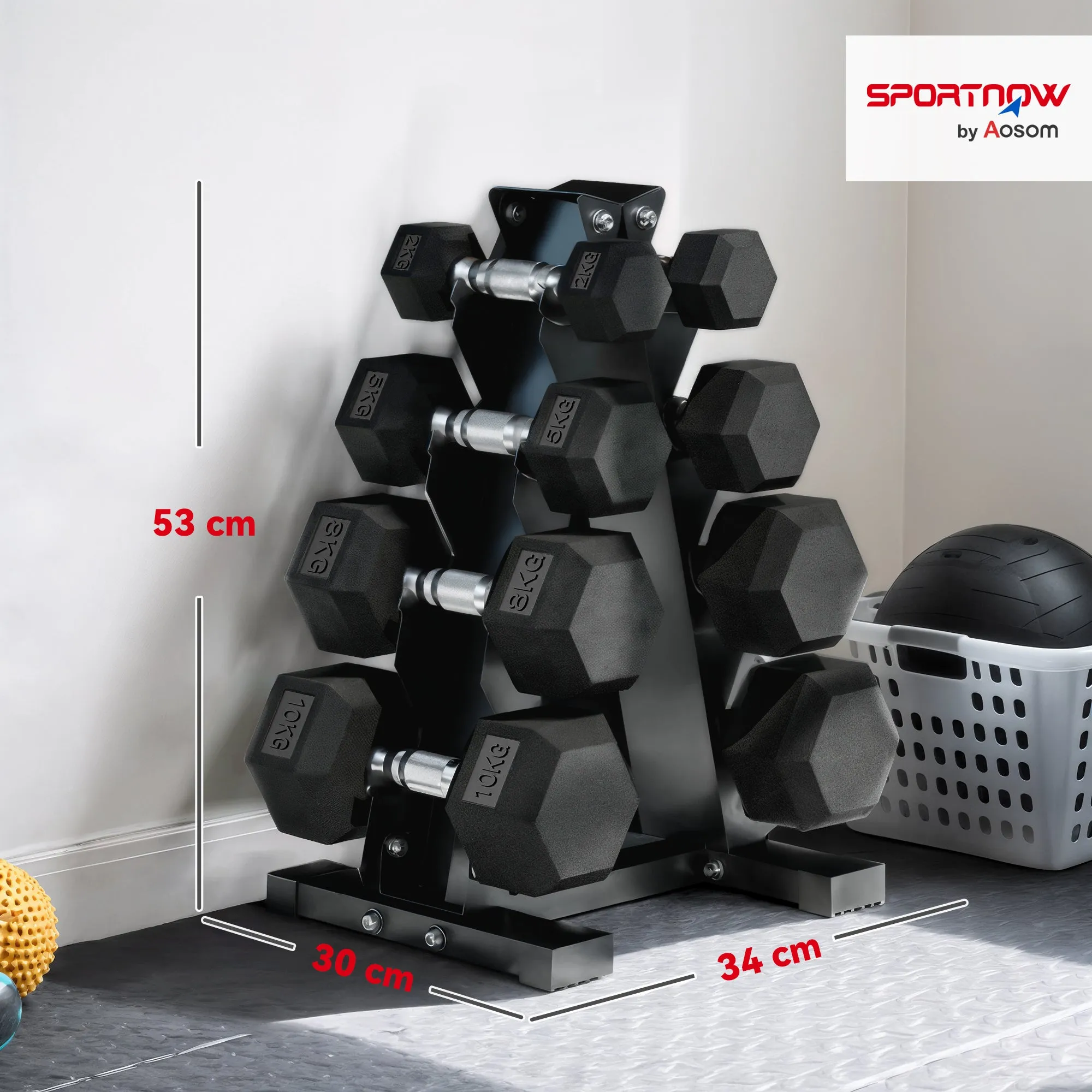 Hex Dumbbell Set with Stand and Non-Slip Grip, 2x2kg, 2x5kg, 2x8kg, 2x10kg, Black - Image 3