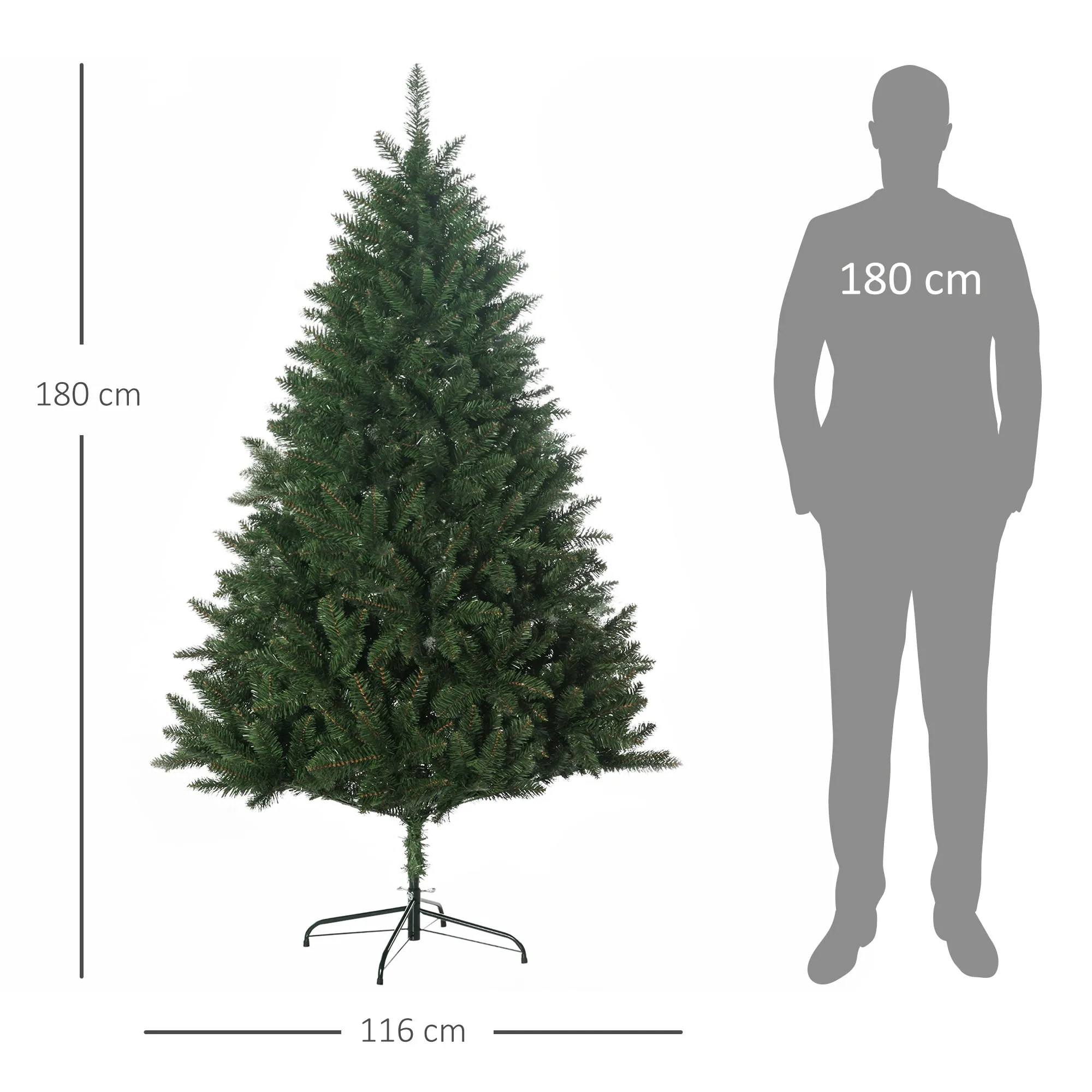 180cm Artificial Christmas Tree with 800 Branches and Metal Base, Green - Image 3