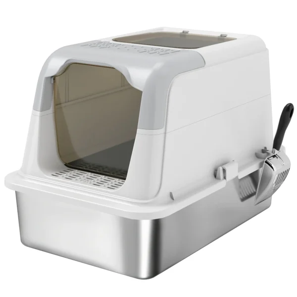 2-Bay Enclosed Cat Litter Box with Deodorizer and Scoop, 60.4 x 40.4 x 41.8 cm, White and Grey