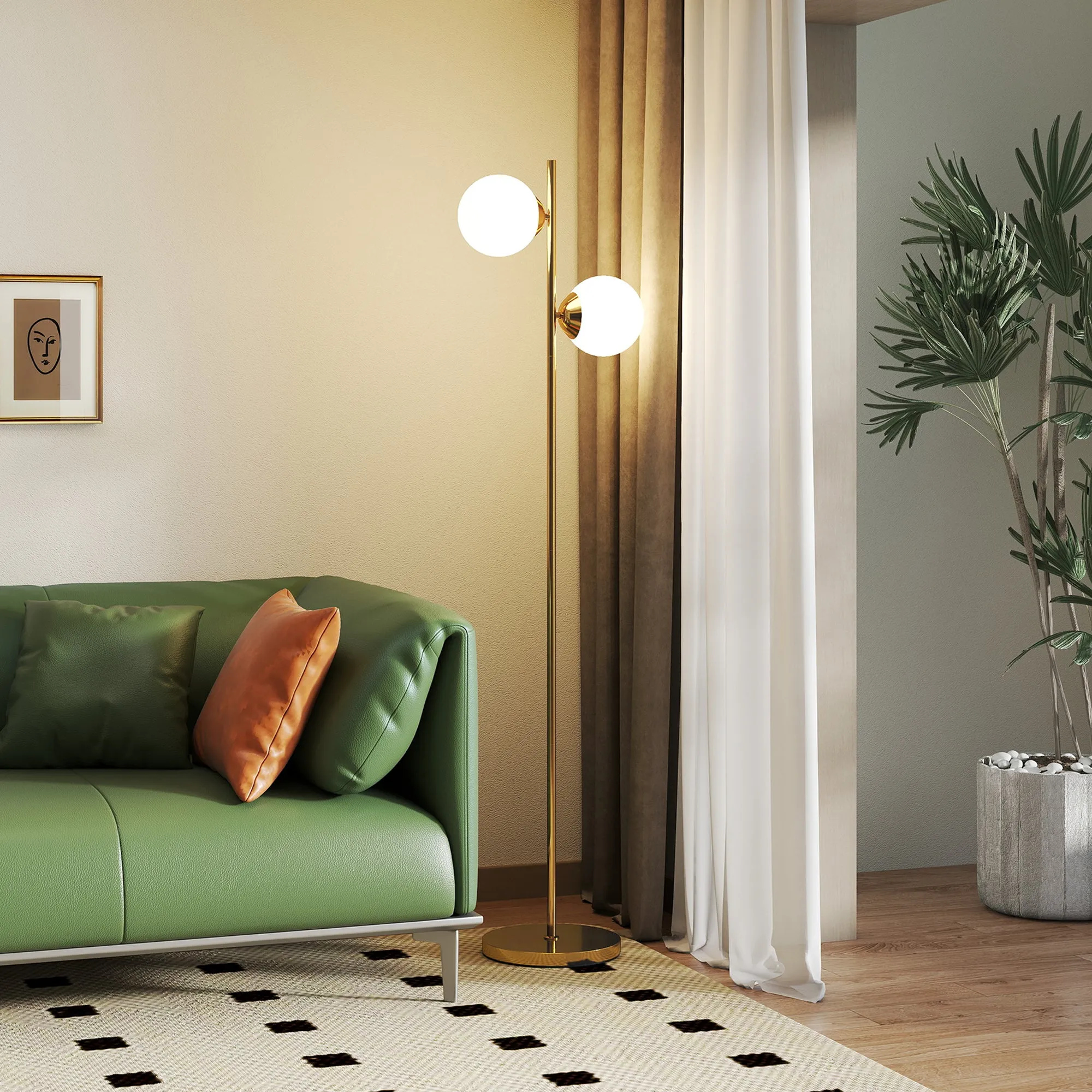 Floor Lamp with 2 Lights and Sphere Lampshades, Foot Switch and E27 Socket, Ø28x165 cm, Gold - Image 2