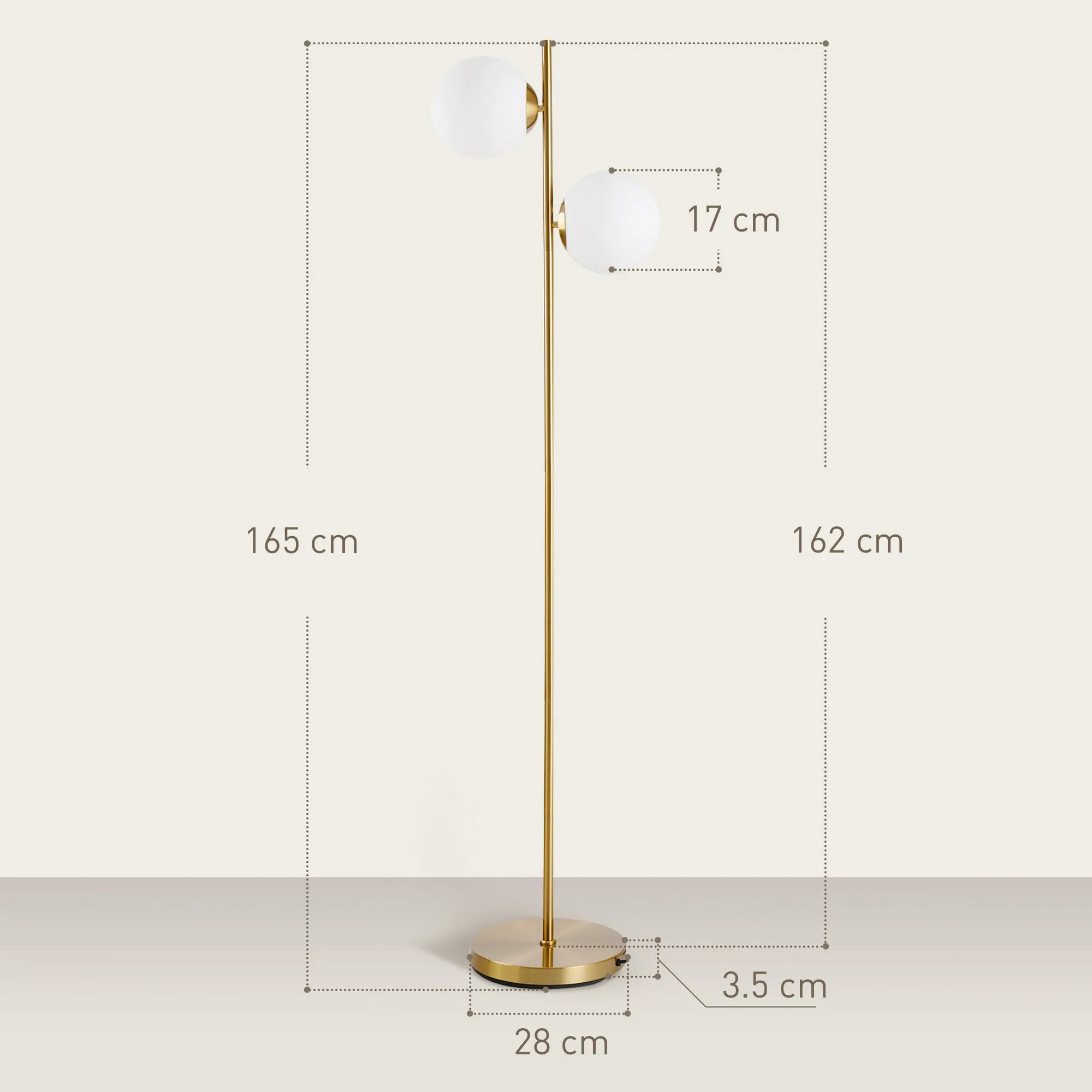 Floor Lamp with 2 Lights and Sphere Lampshades, Foot Switch and E27 Socket, Ø28x165 cm, Gold - Image 3
