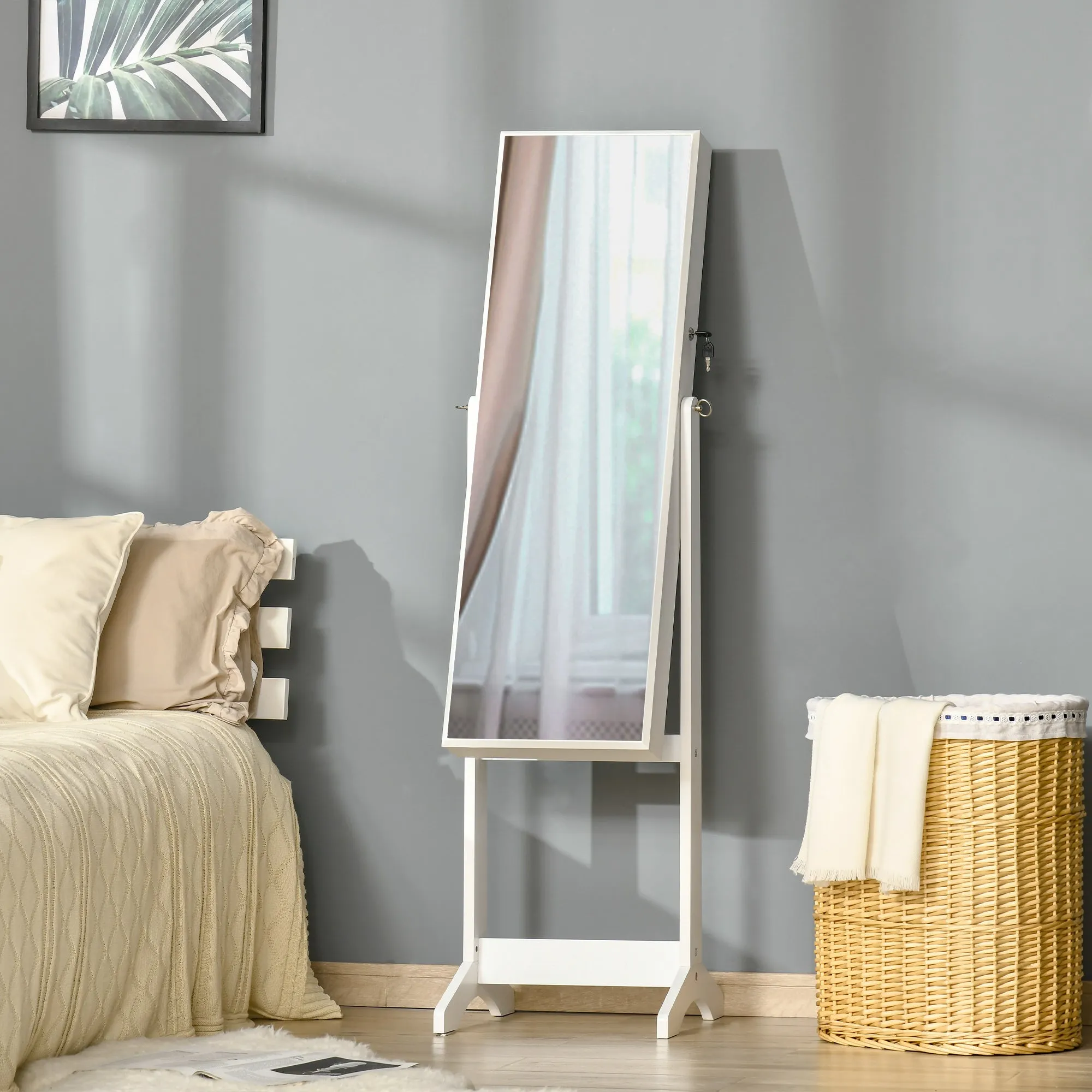 Lockable Jewelry Cabinet with Mirror and Organizer for Rings, Necklaces and Earrings, White - Image 2