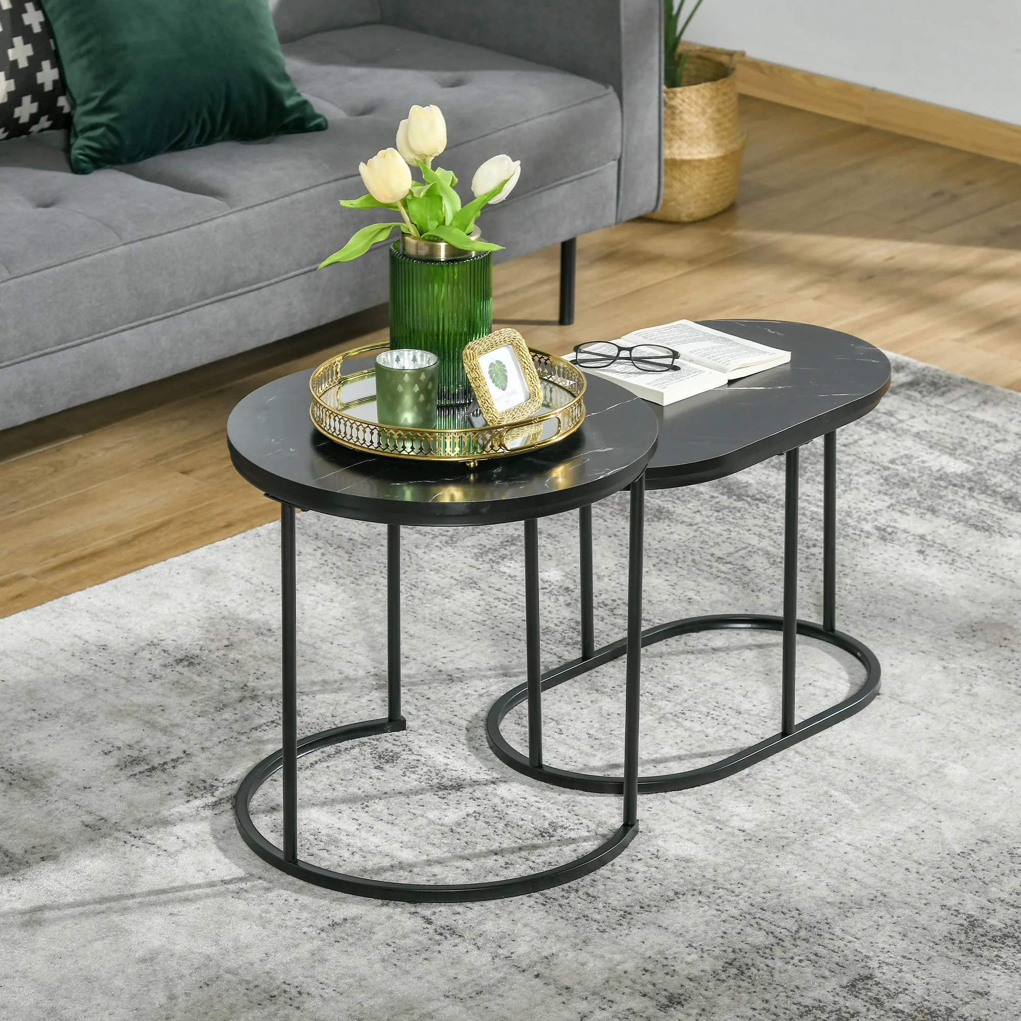 Set of 2 Coffee Tables with Marble Effect Top, in Wood and Steel, Ø50x50.5 cm and 60x36x43.5 cm, Black - Image 2