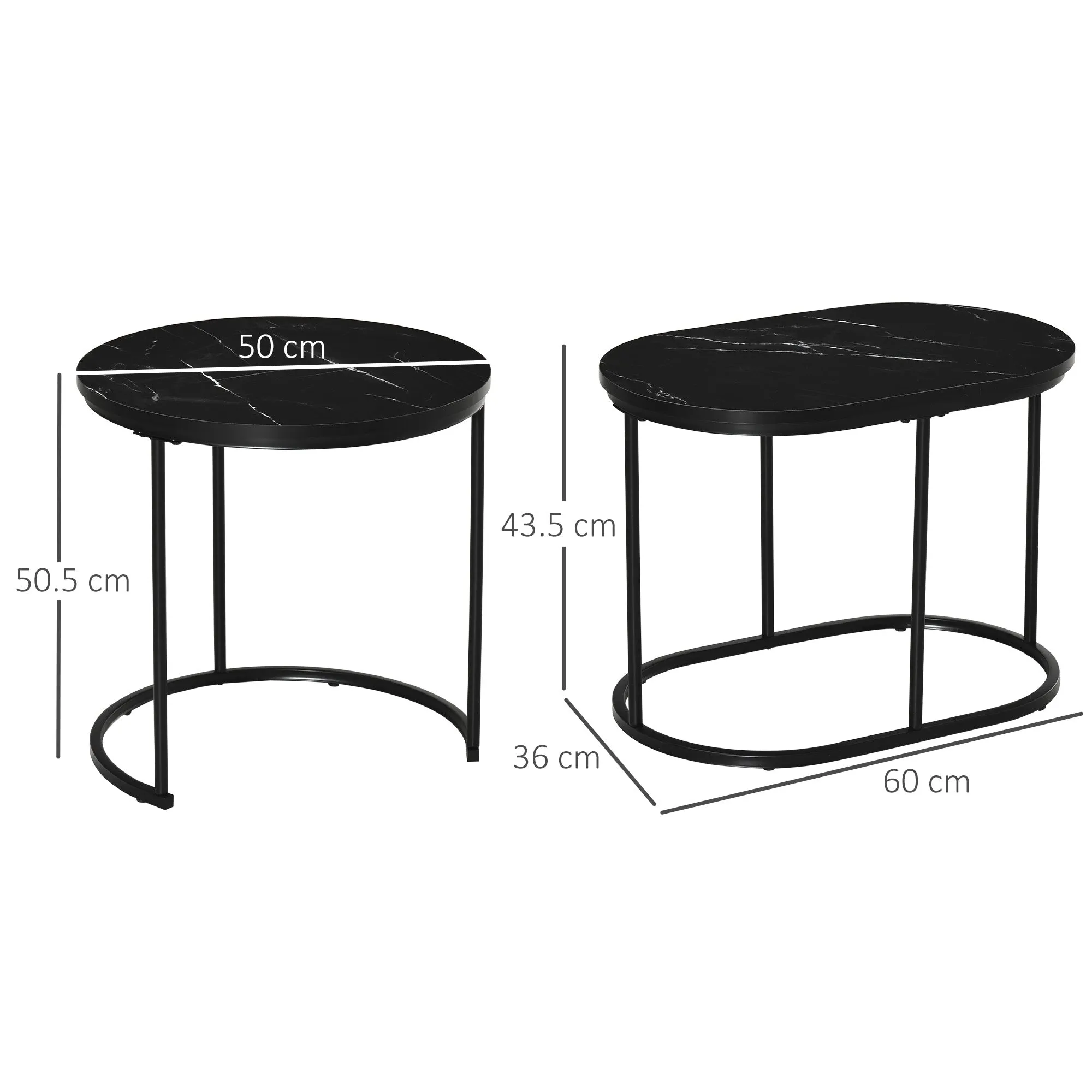 Set of 2 Coffee Tables with Marble Effect Top, in Wood and Steel, Ø50x50.5 cm and 60x36x43.5 cm, Black - Image 3