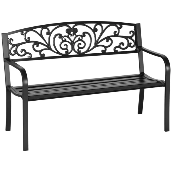 Metal Garden Bench with Decorated Backrest, 127x60x87cm - Black