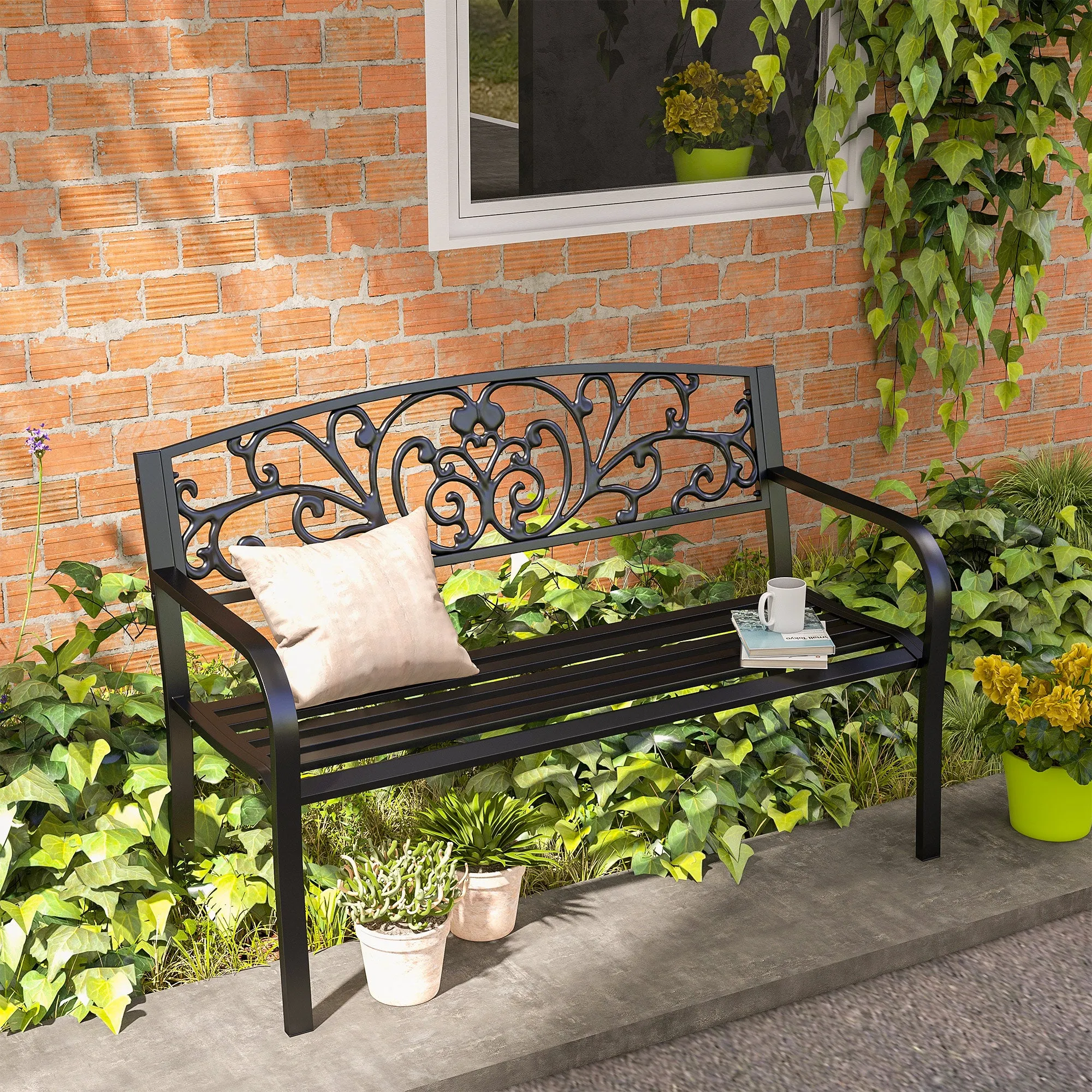 Metal Garden Bench with Decorated Backrest, 127x60x87cm - Black - Image 2