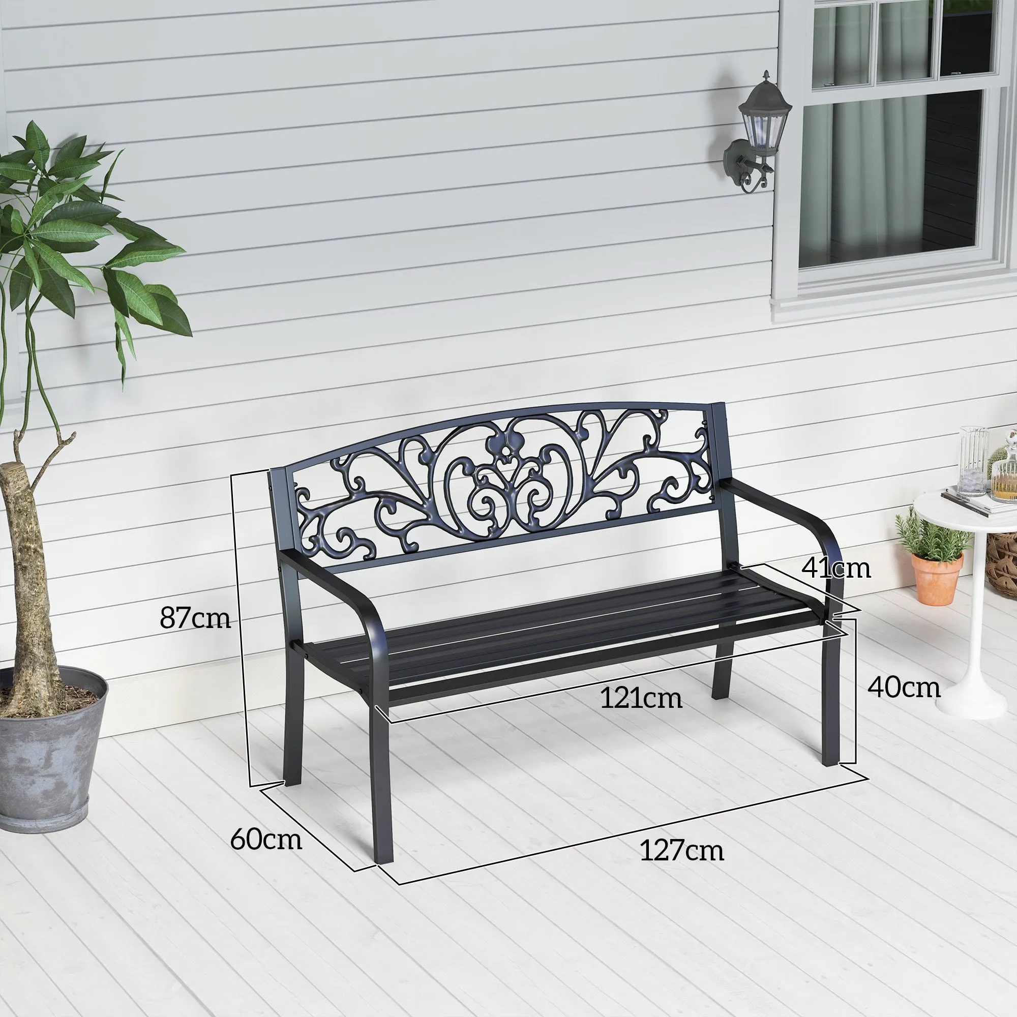Metal Garden Bench with Decorated Backrest, 127x60x87cm - Black - Image 3
